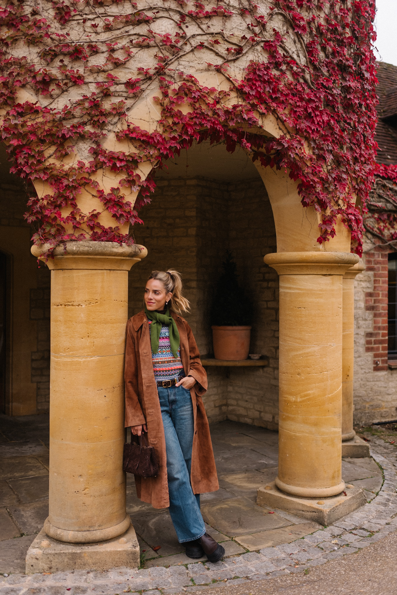 brown suede winter coat fair isle sweater vest green scarf blue denim brown boots