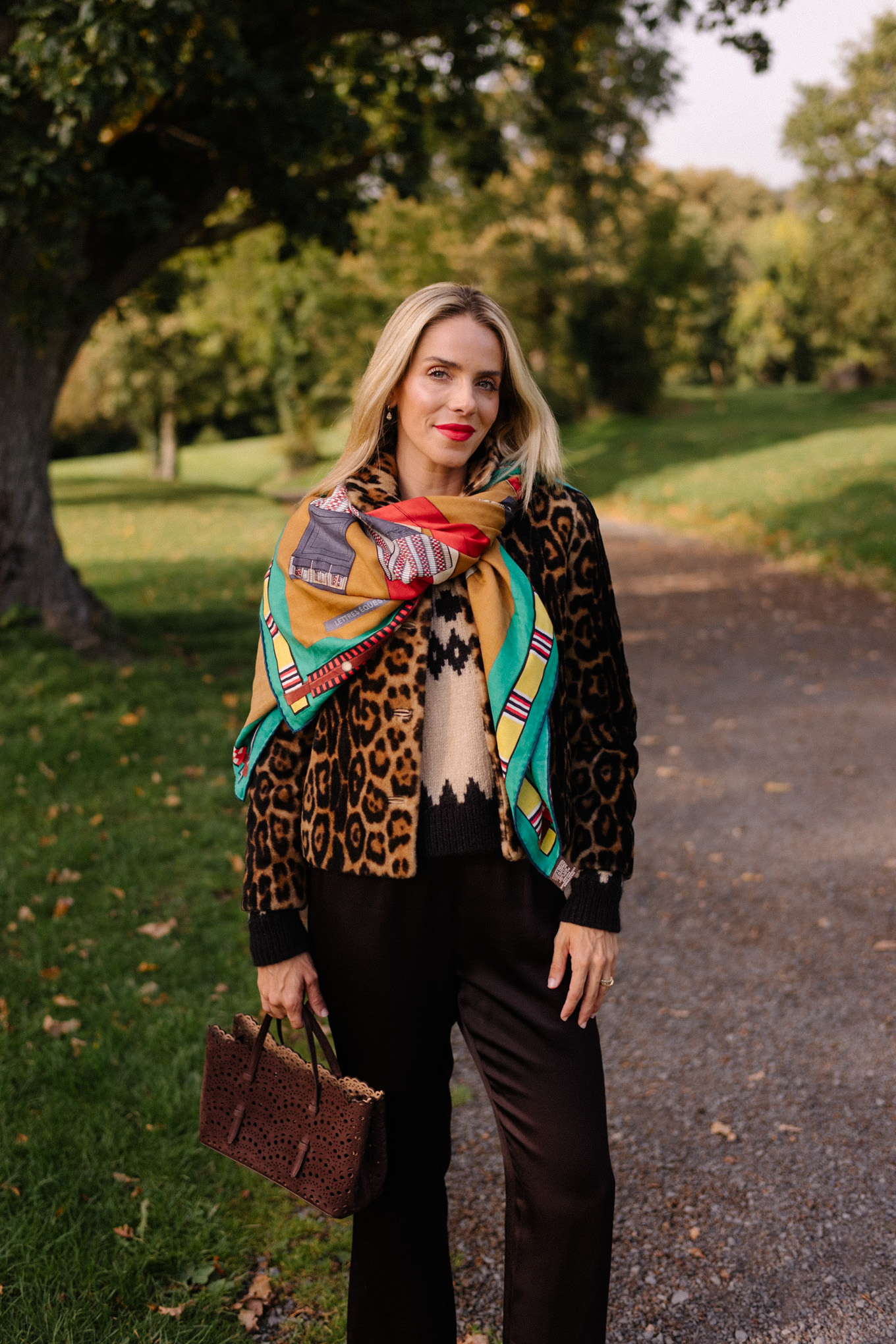 leopard jacket crop flare pants colorful silk scarf