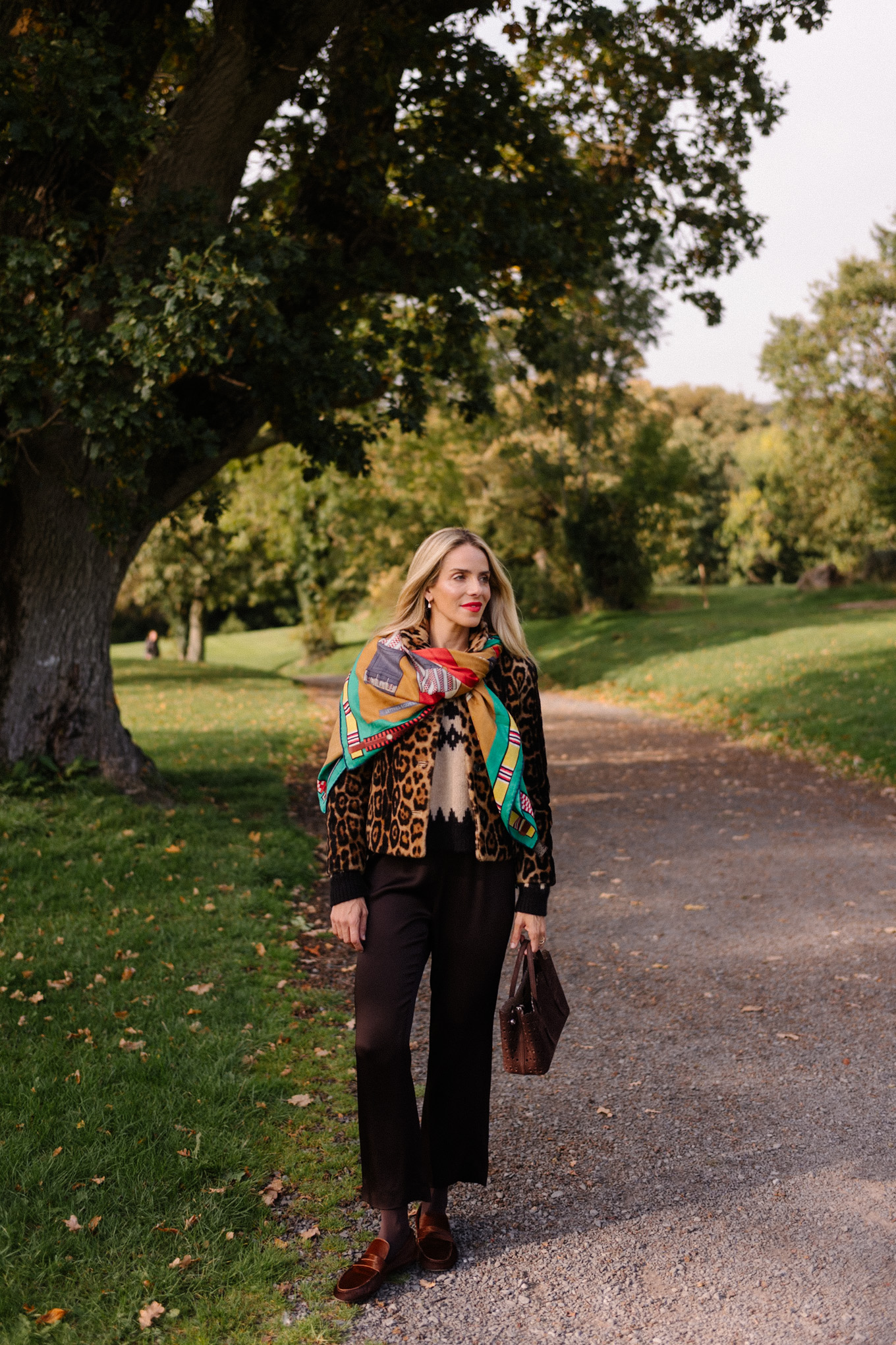 leopard jacket crop flare pants colorful silk scarf