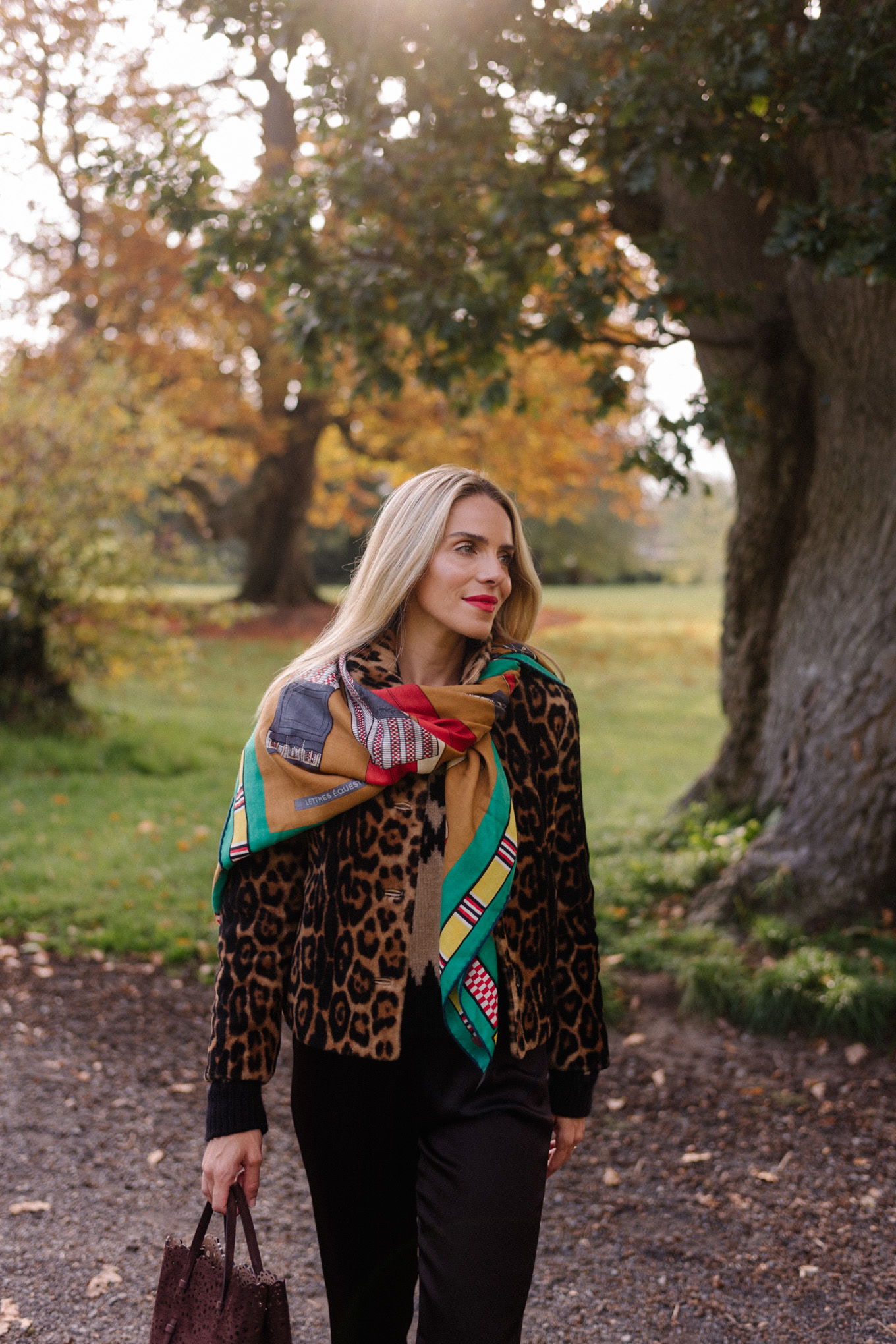 leopard jacket crop flare pants colorful silk scarf