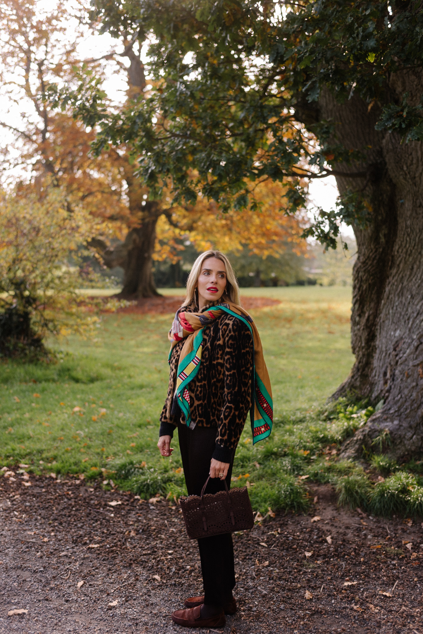 leopard jacket crop flare pants colorful silk scarf