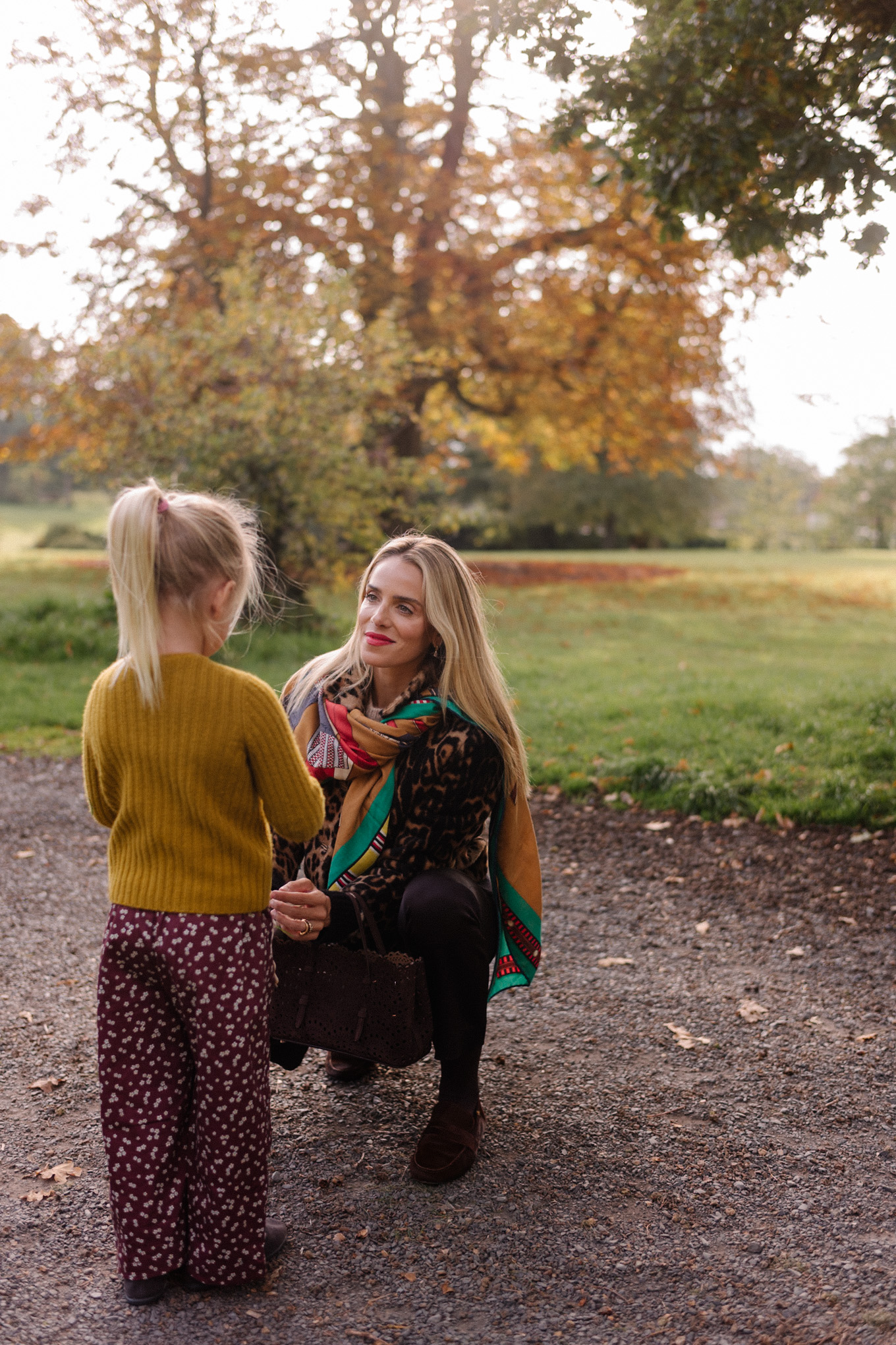leopard jacket crop flare pants colorful silk scarf