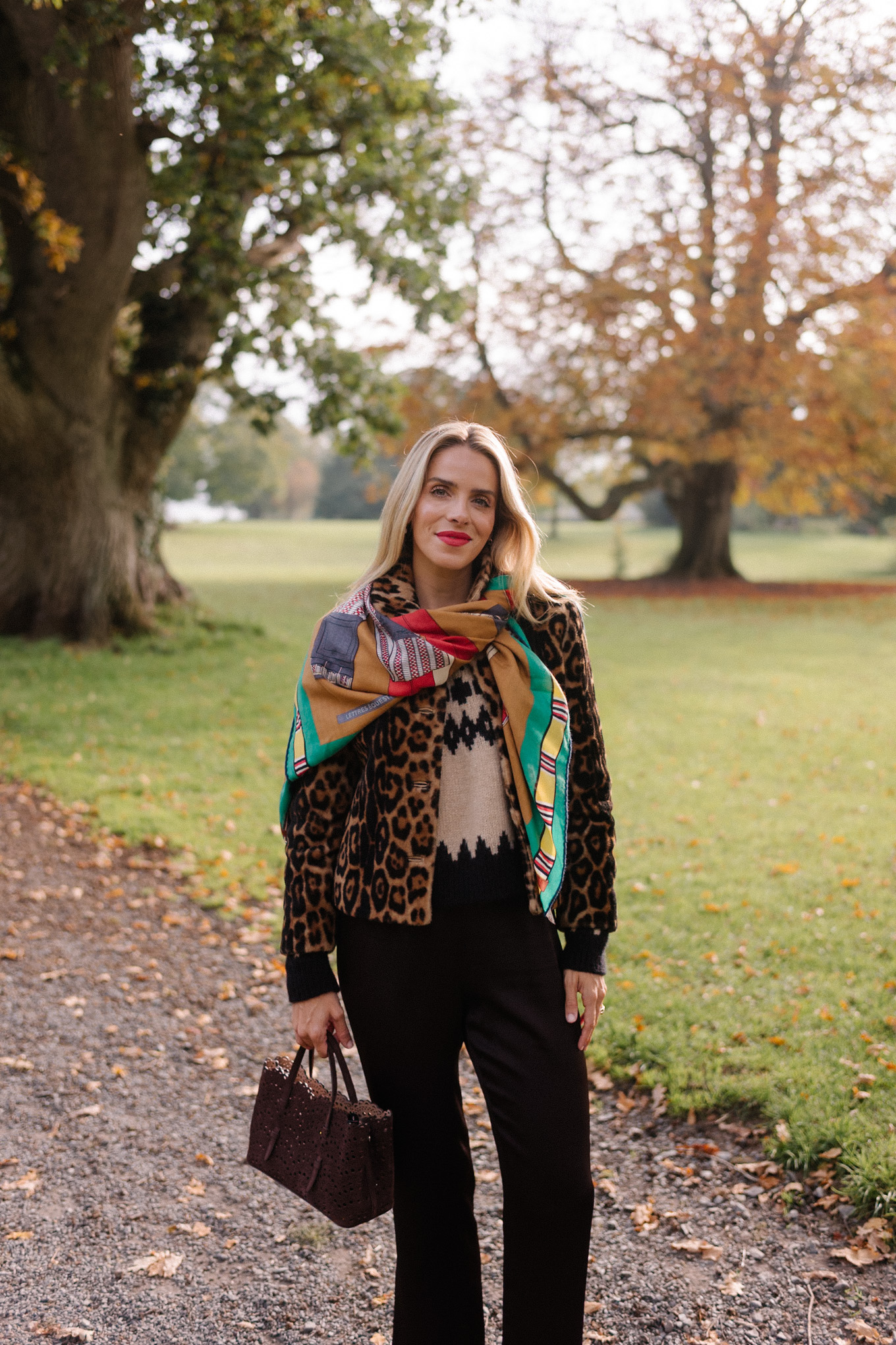 leopard jacket crop flare pants colorful silk scarf