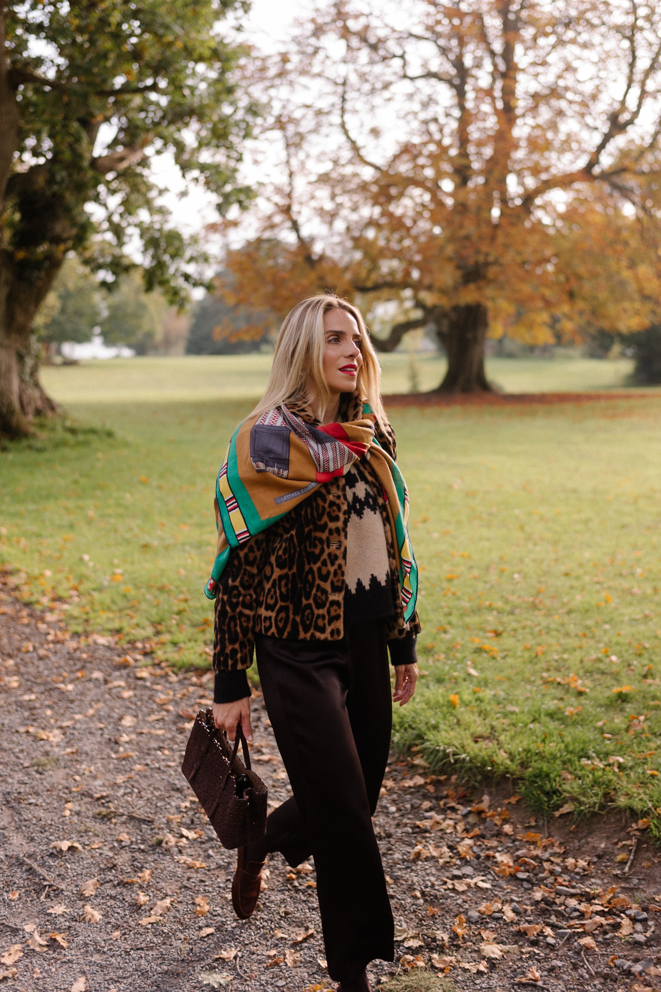 leopard jacket crop flare pants colorful silk scarf