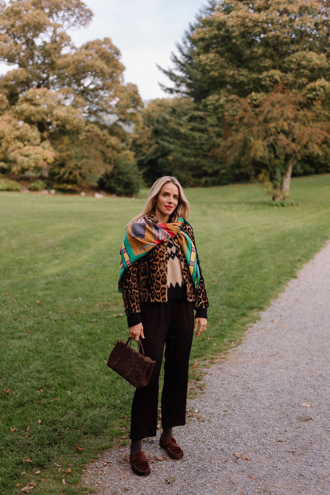 leopard jacket crop flare pants colorful silk scarf