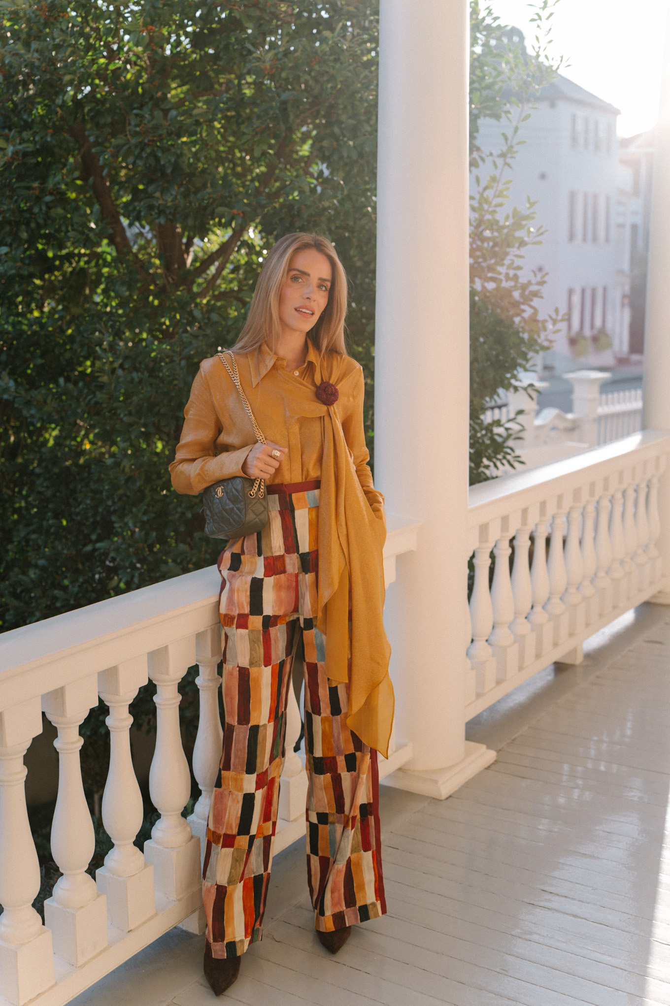 Deconstructed Femme - Julia Berolzheimer 1 gold top flower brooch color tiled pants