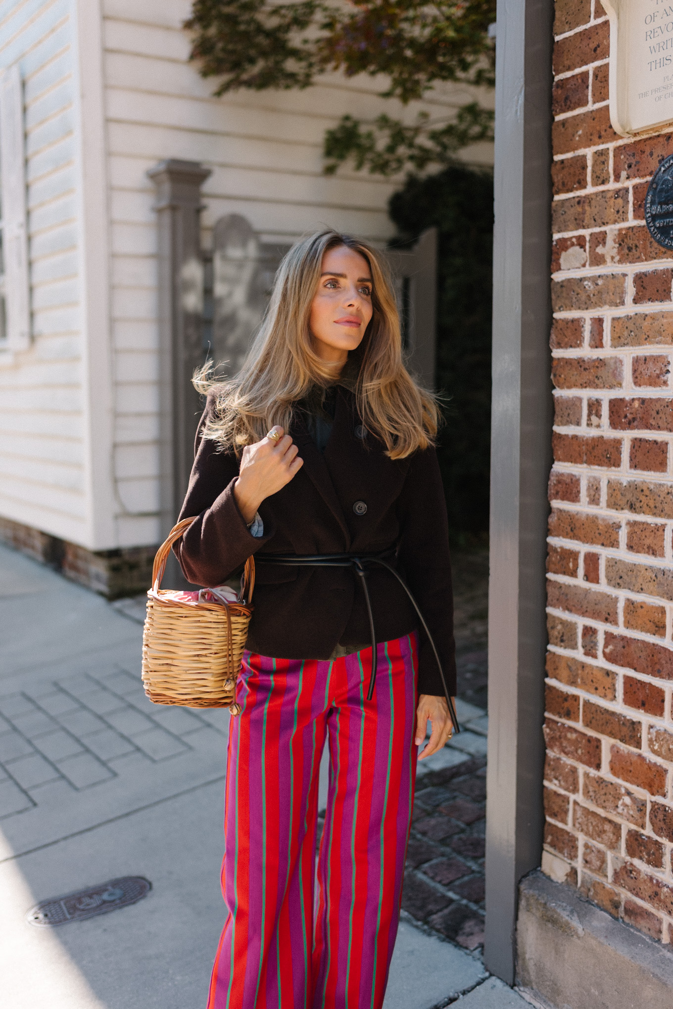 pink purple red striped pants brown wool jacket