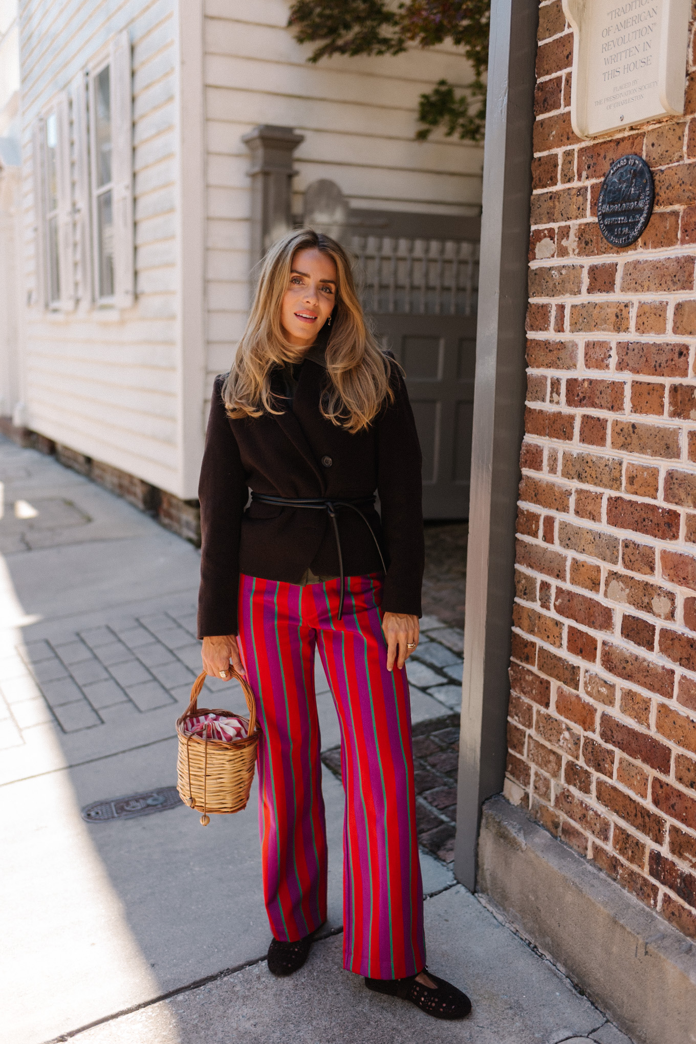 pink purple red striped pants brown wool jacket