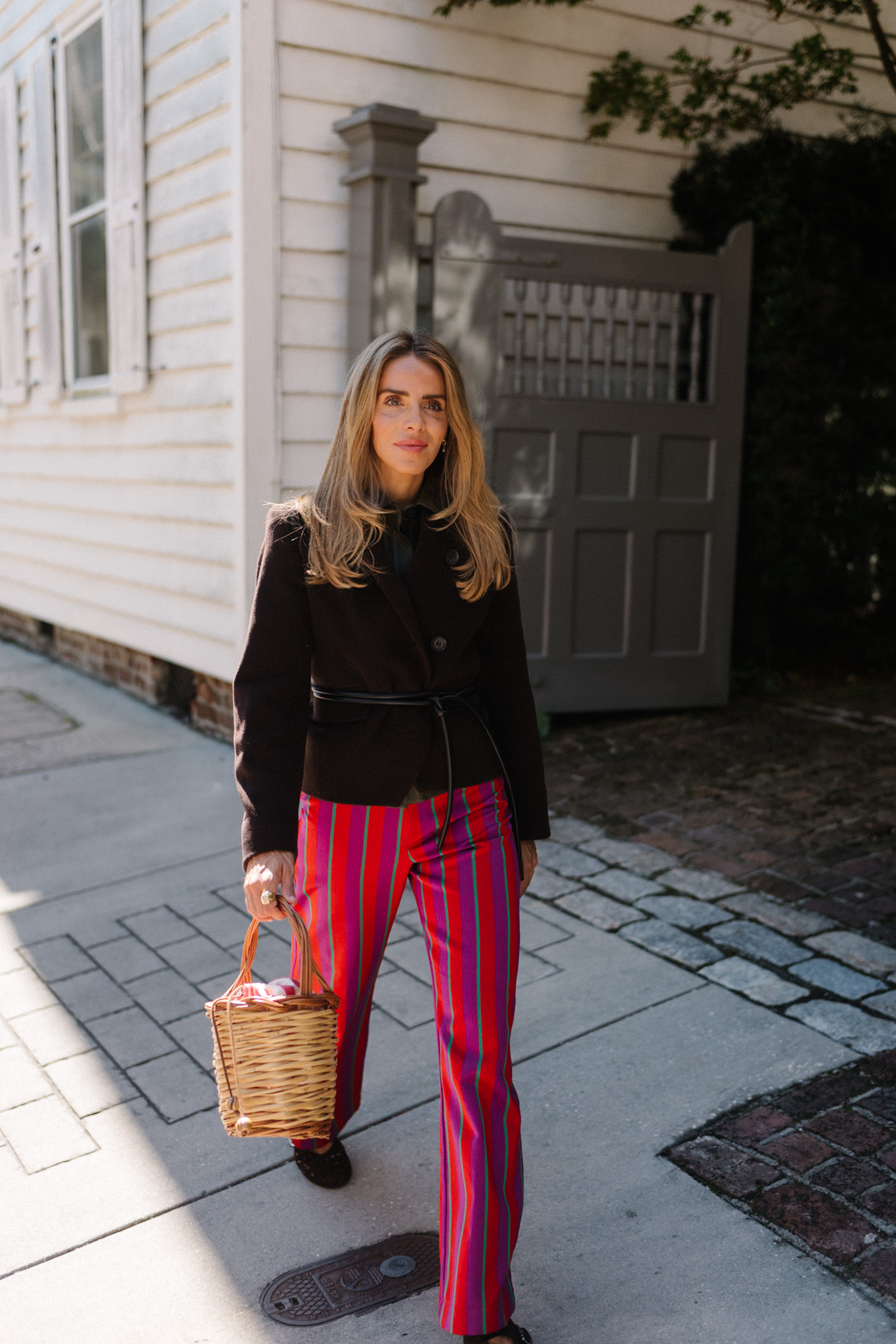pink purple red striped pants brown wool jacket