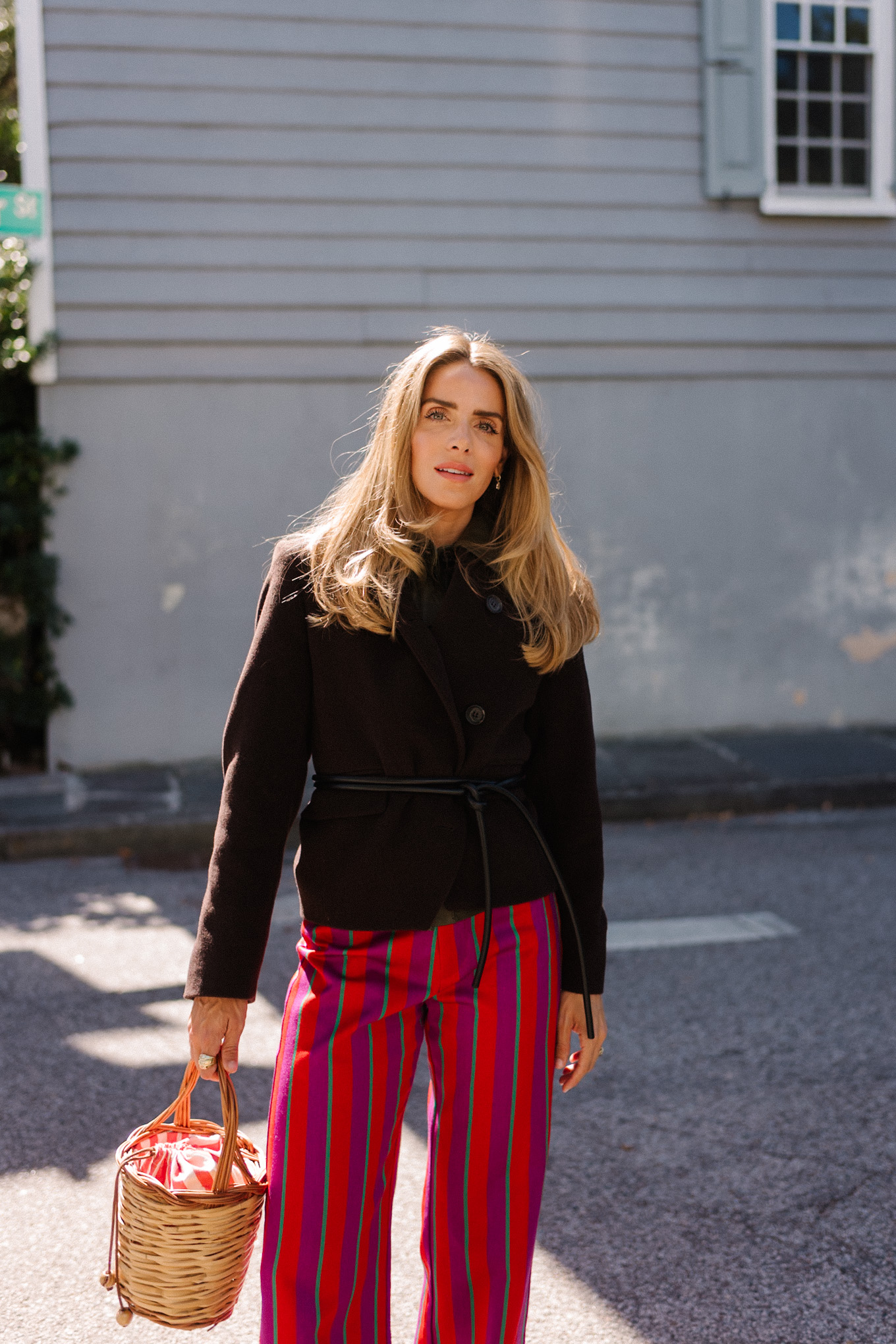 pink purple red striped pants brown wool jacket