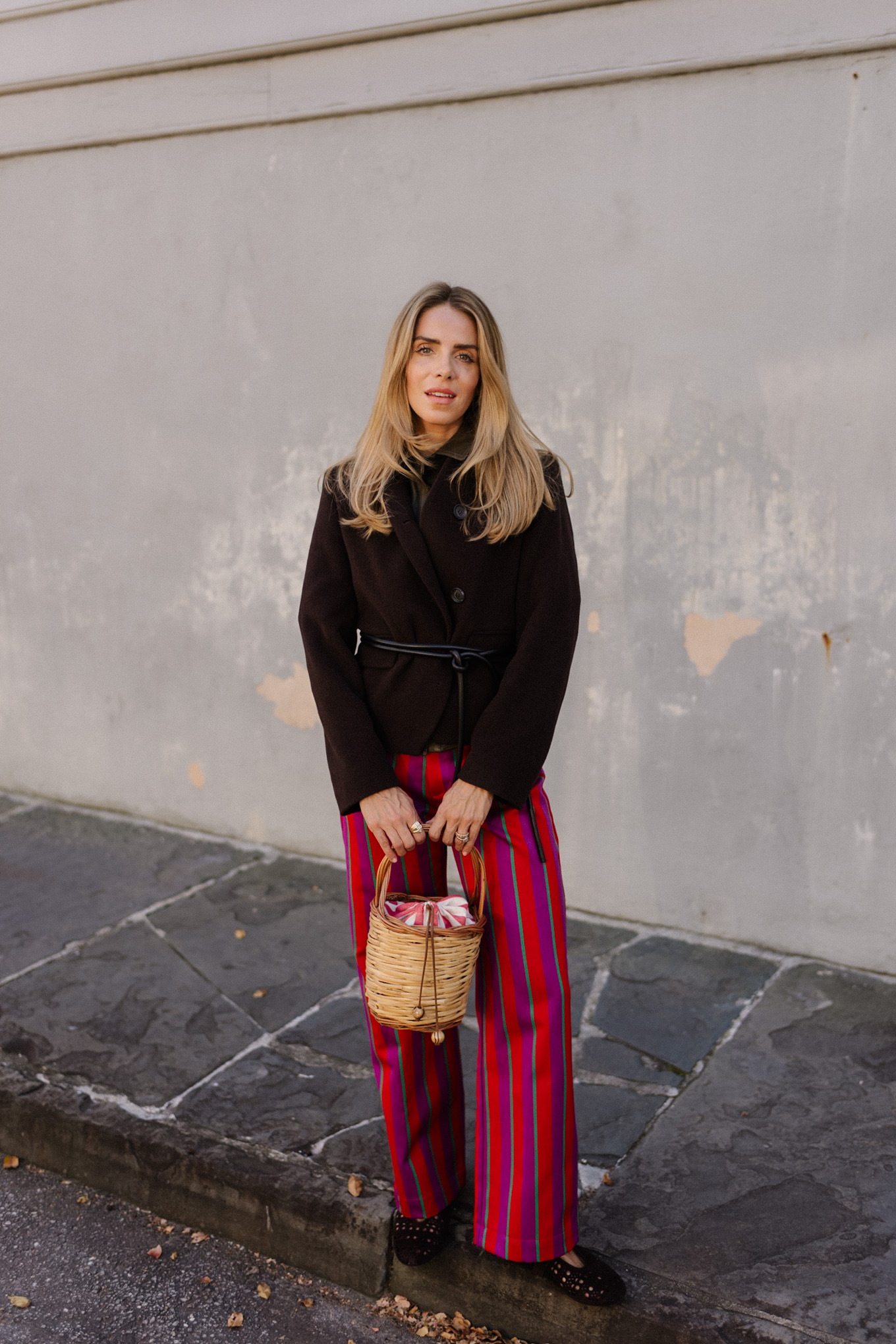 pink purple red striped pants brown wool jacket