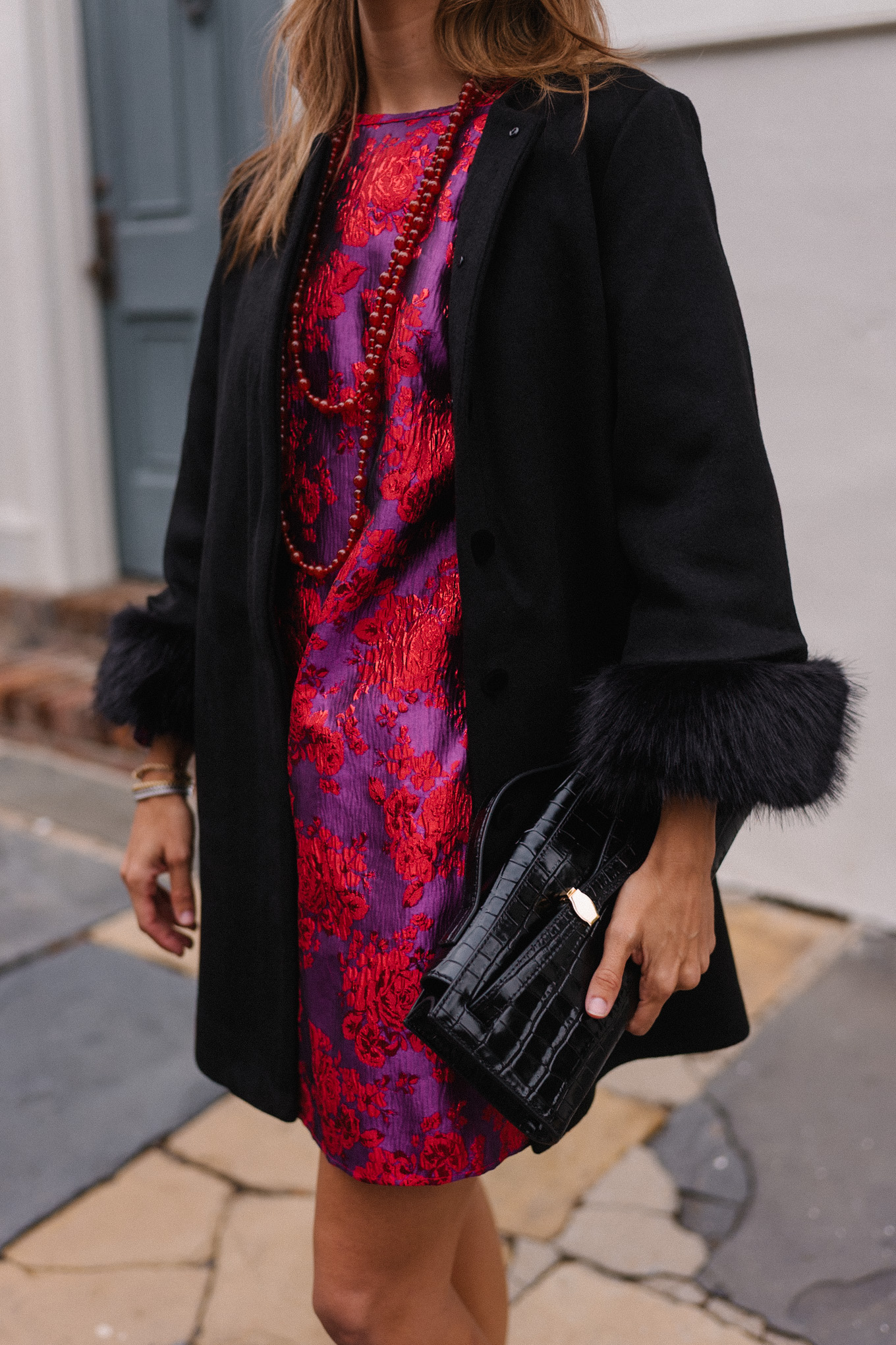 red pink brocade mini dress black holiday coat