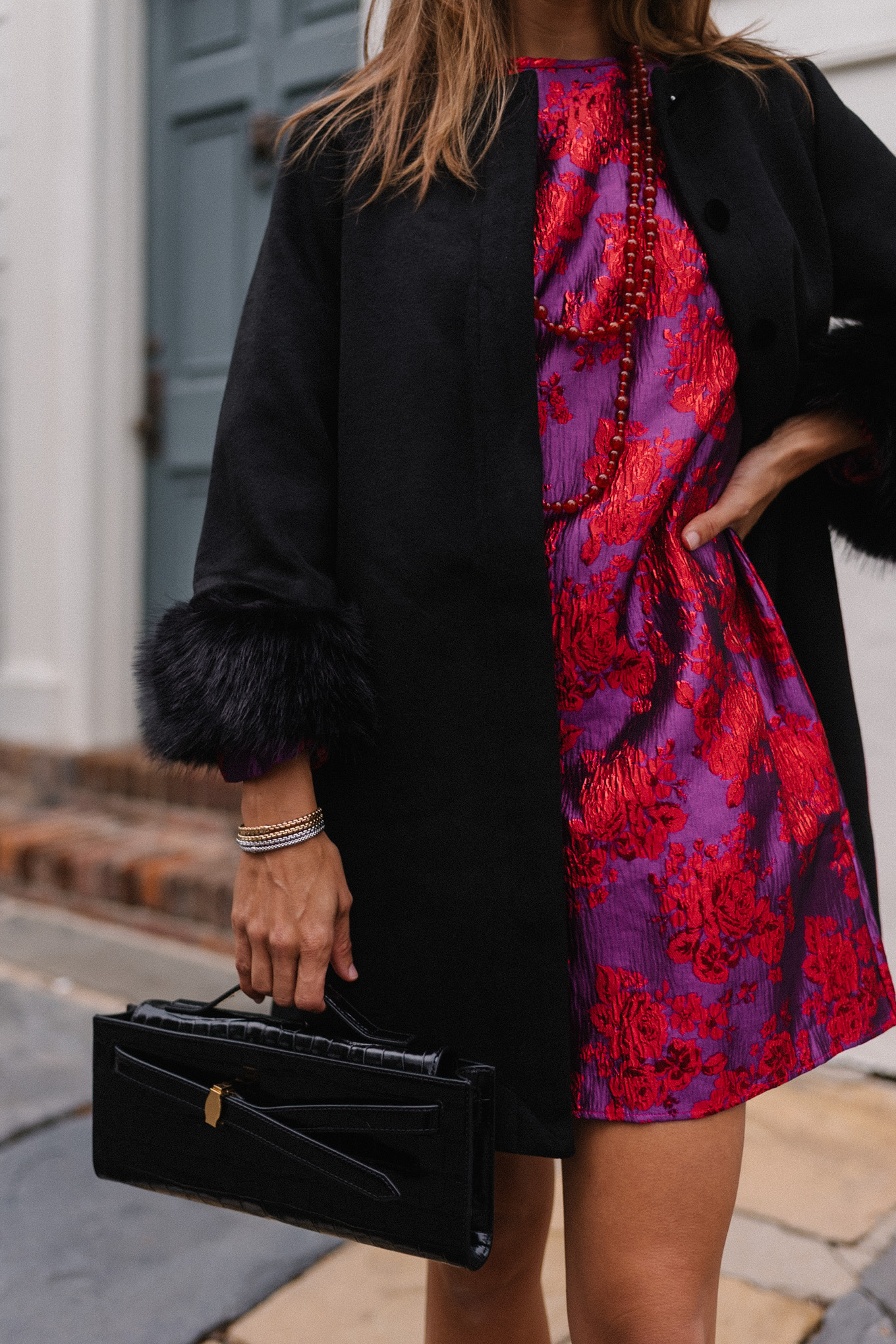 red pink brocade mini dress black holiday coat