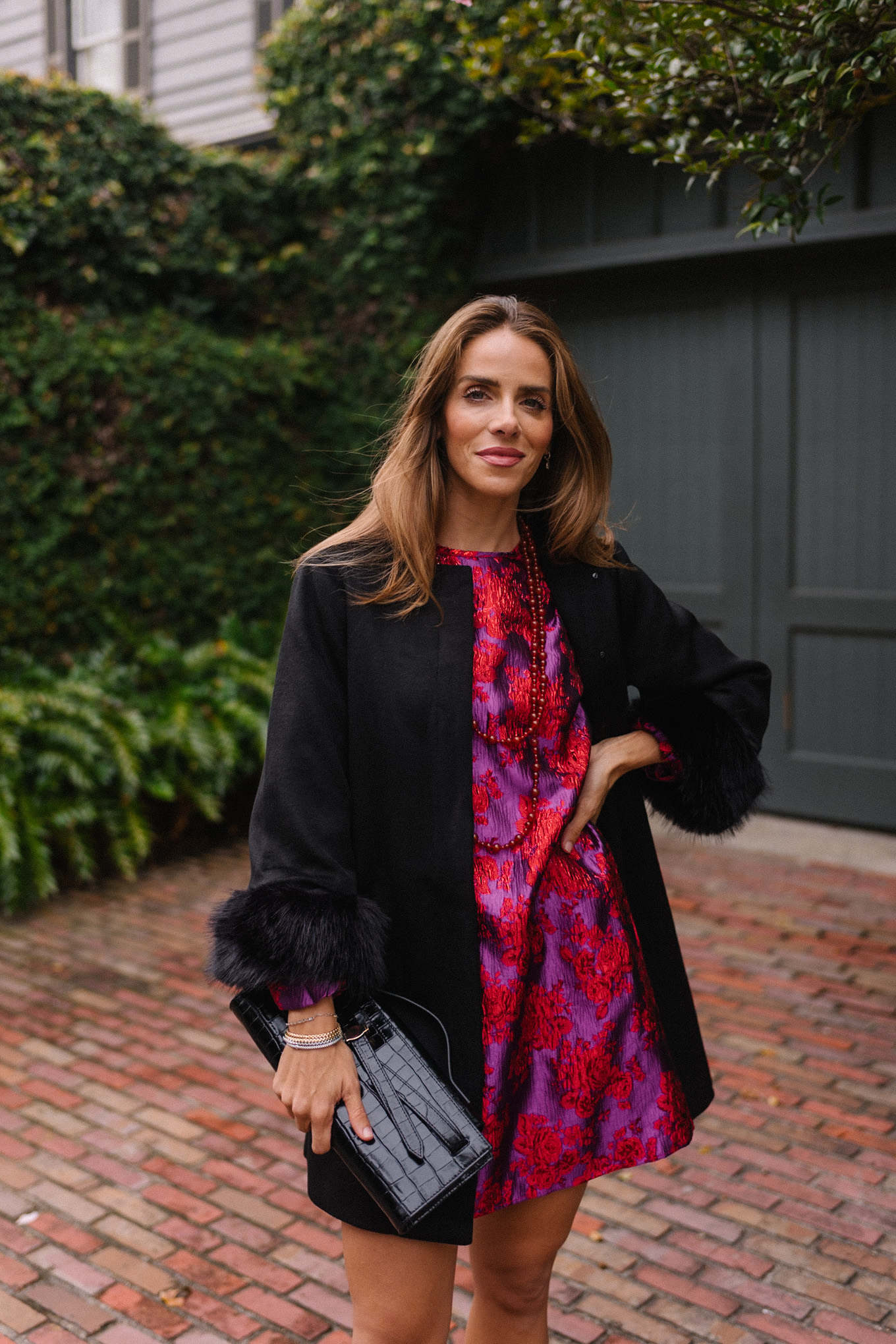 red pink brocade mini dress black holiday coat
