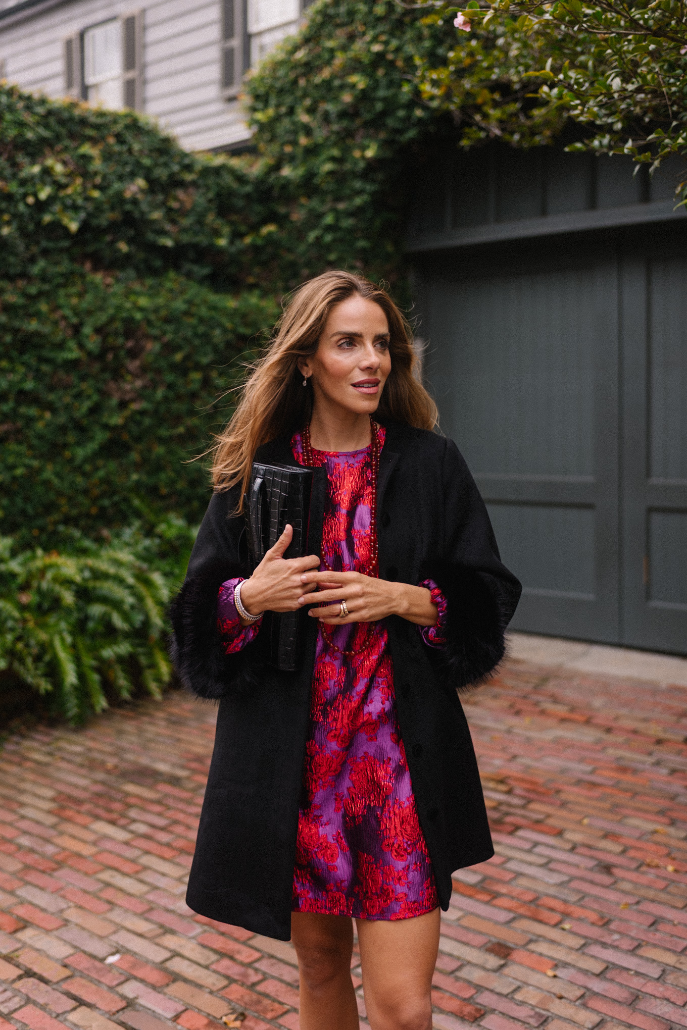 red pink brocade mini dress black holiday coat