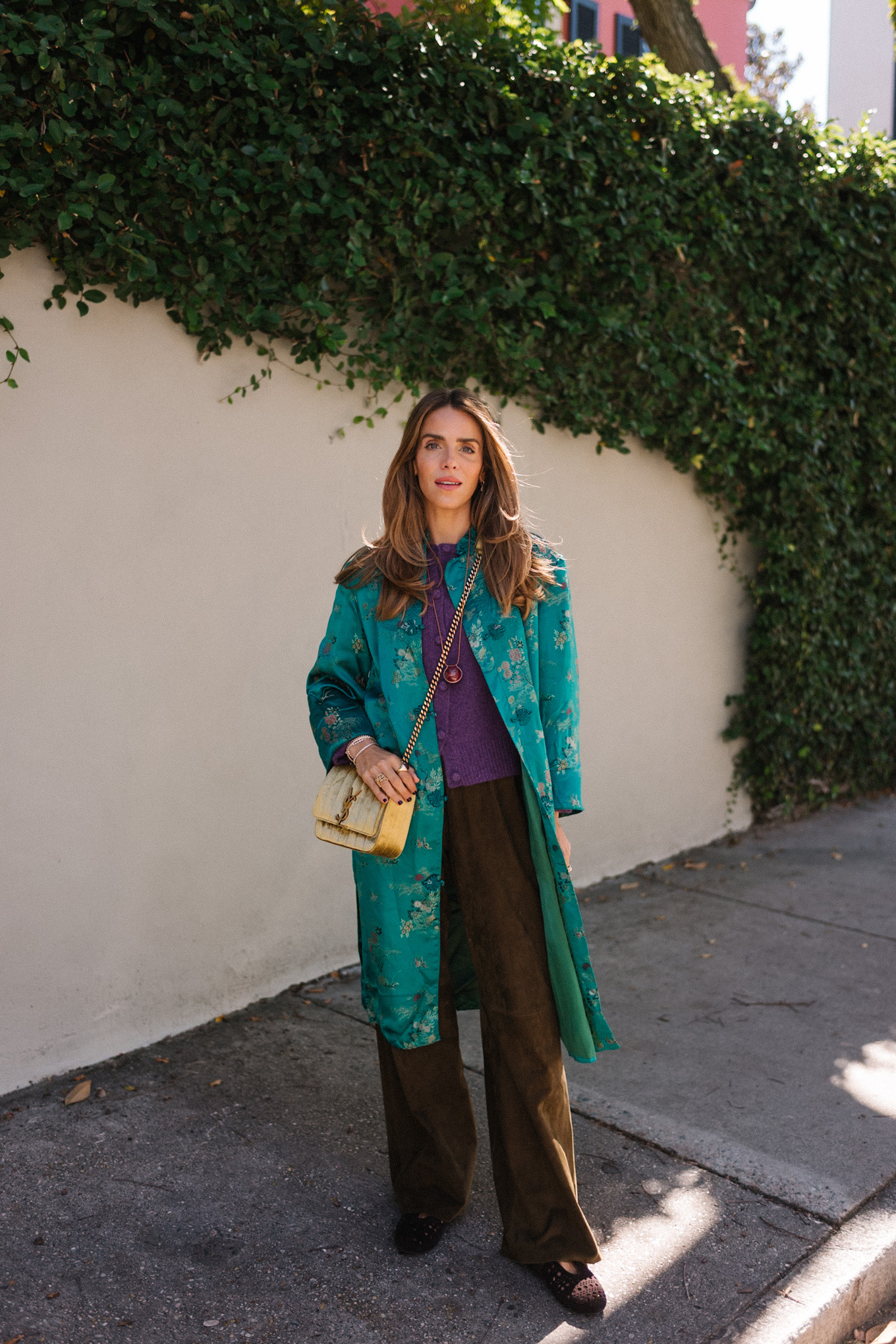 teal silk coat purple cashmere sweater brown suede pants gold suede bag brown flats