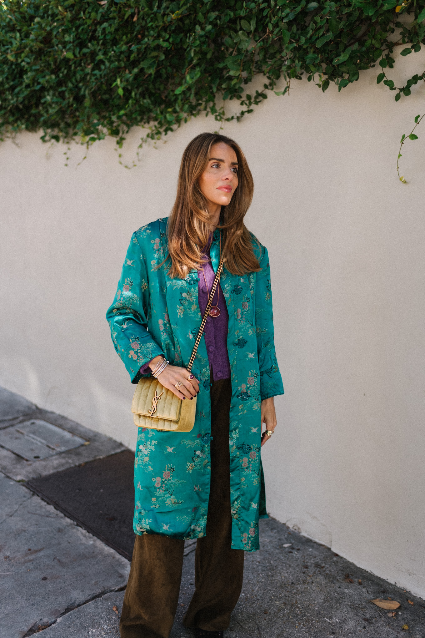 teal silk coat purple cashmere sweater brown suede pants gold suede bag brown flats