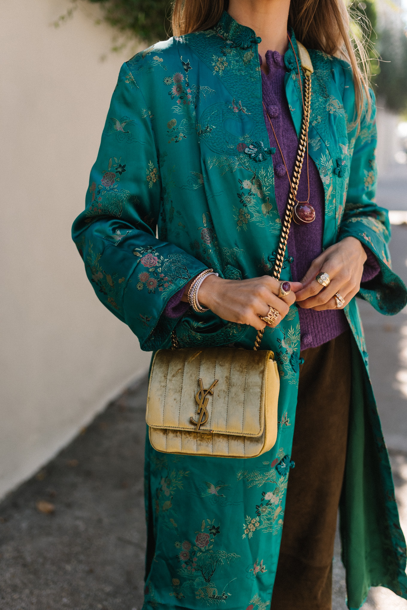 teal silk coat purple cashmere sweater brown suede pants gold suede bag brown flats