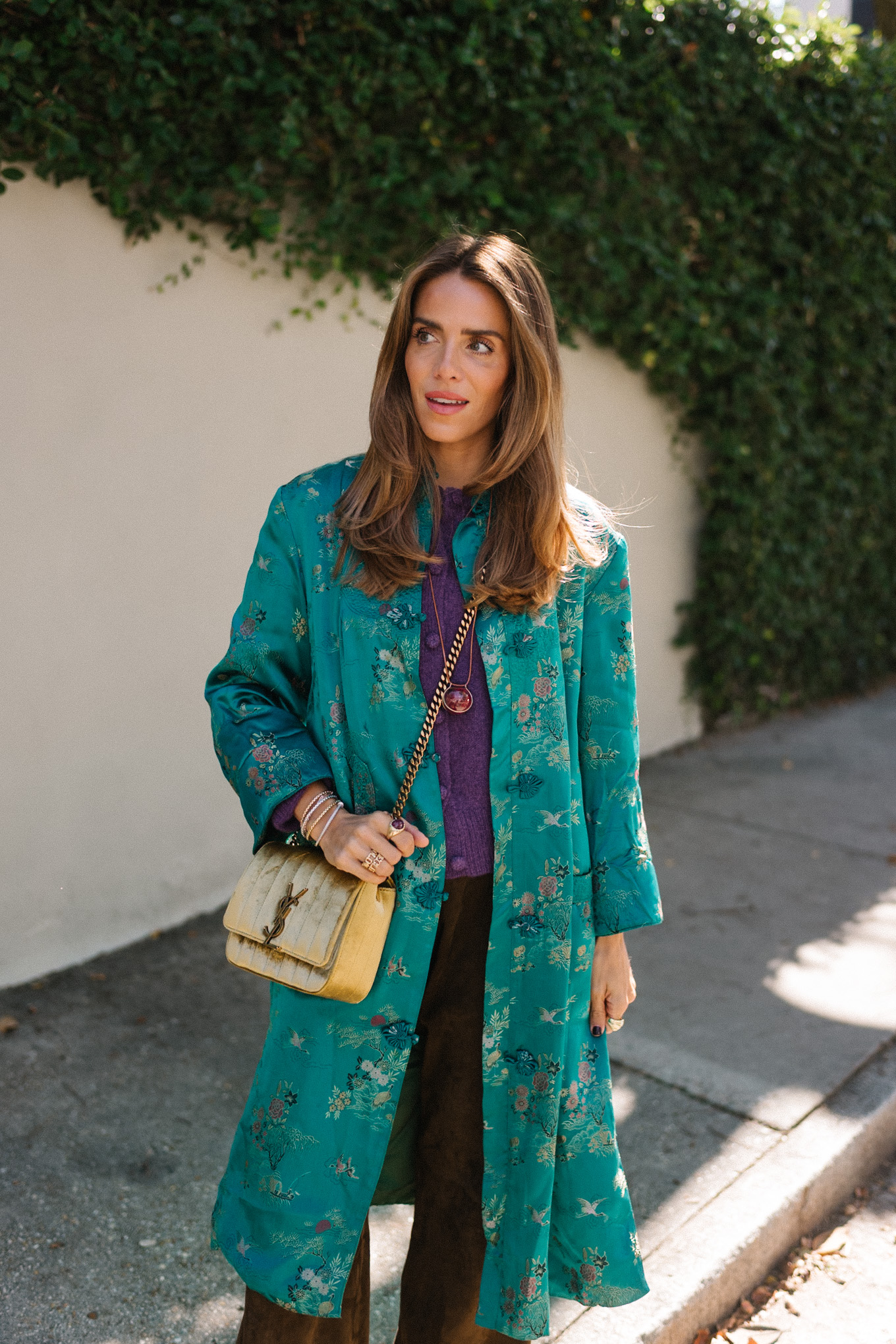 teal silk coat purple cashmere sweater brown suede pants gold suede bag brown flats