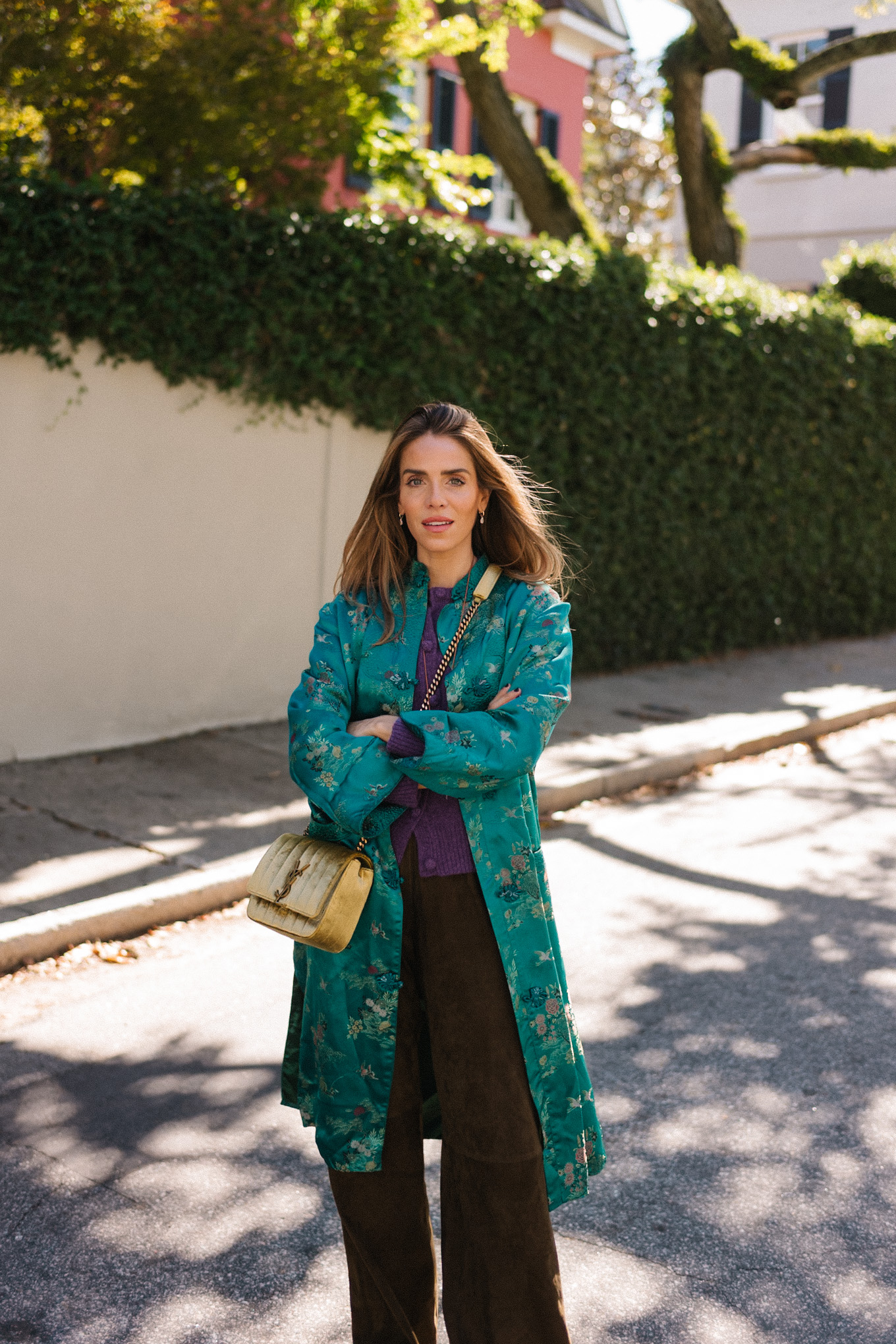 teal silk coat purple cashmere sweater brown suede pants gold suede bag brown flats