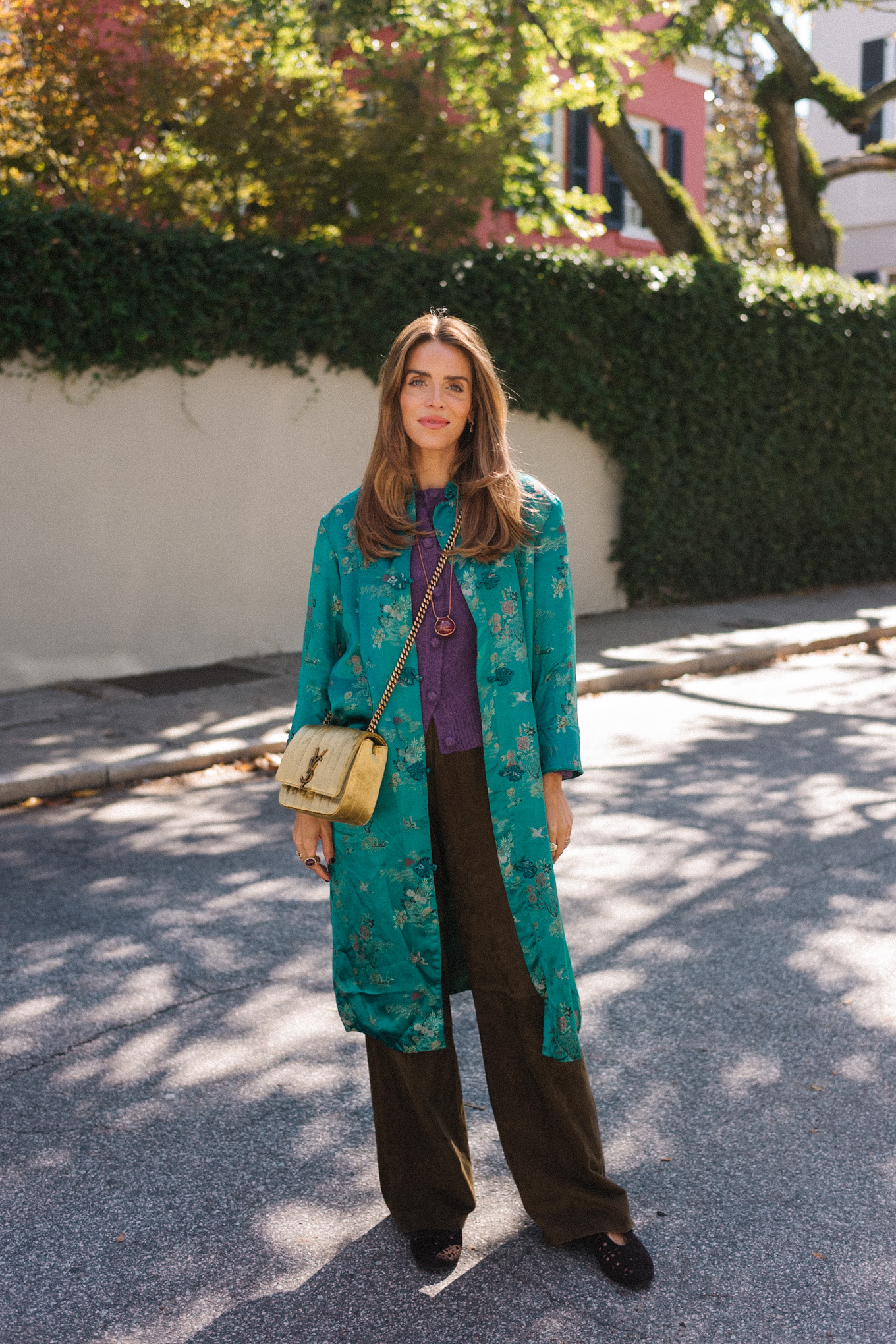 teal silk coat purple cashmere sweater brown suede pants gold suede bag brown flats