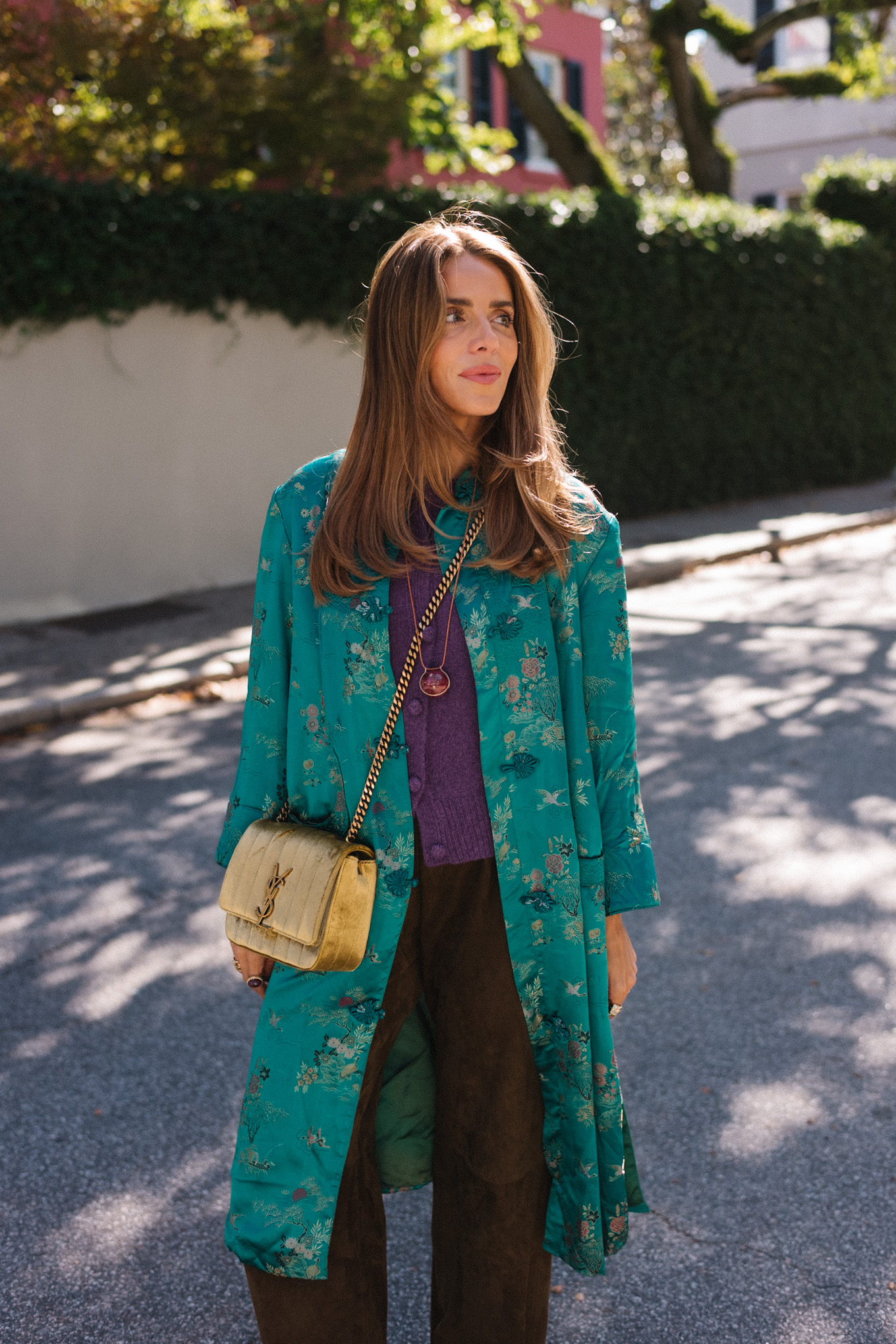 teal silk coat purple cashmere sweater brown suede pants gold suede bag brown flats