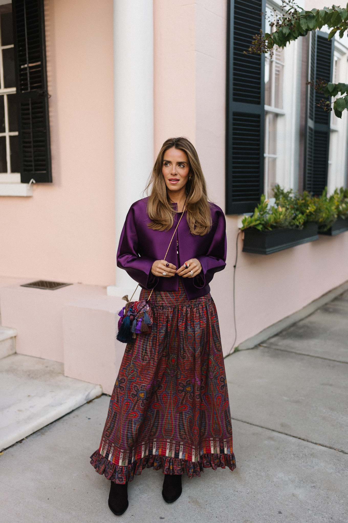 purple satin crop jacket purple tank paisley maxi skirt