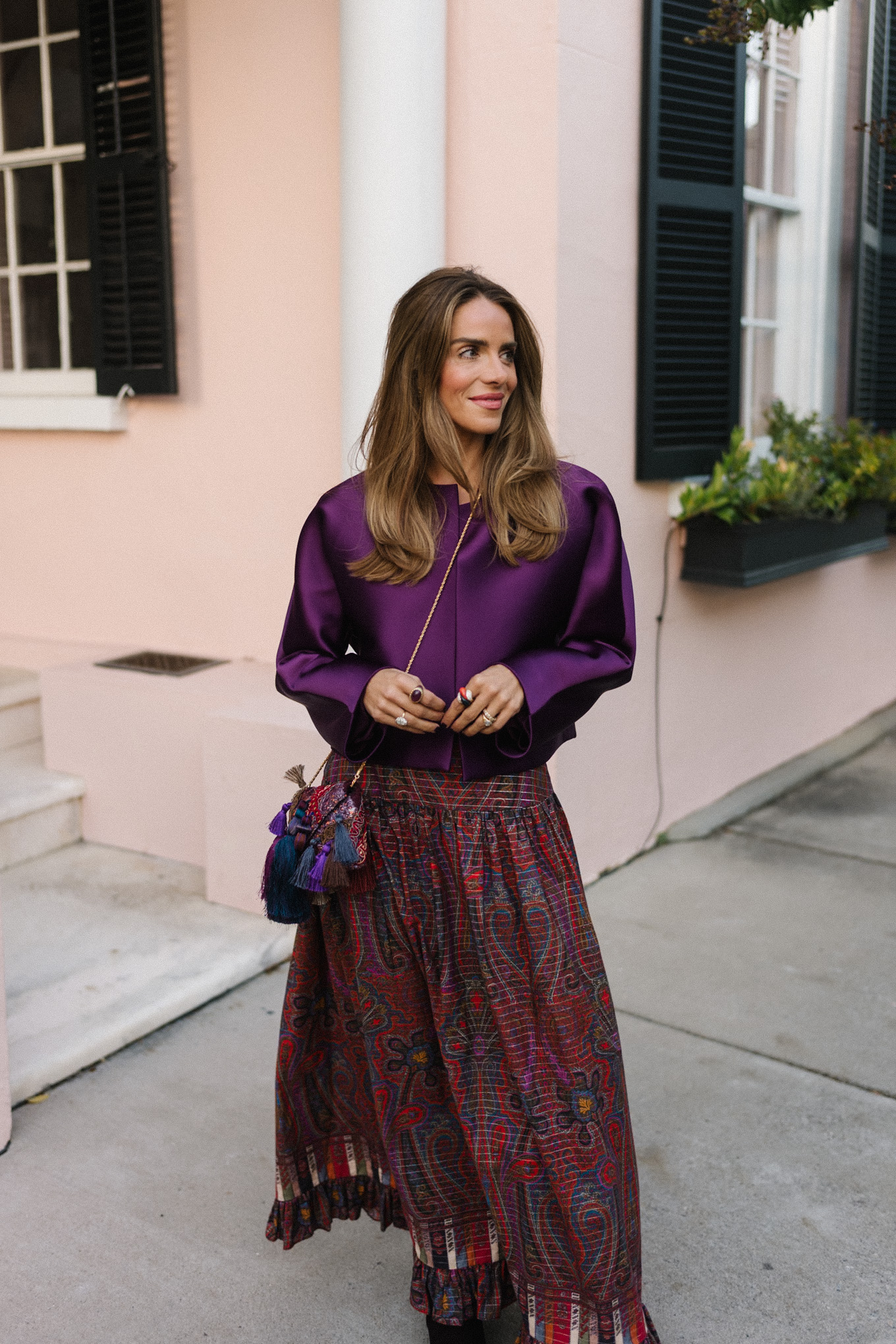 purple satin crop jacket purple tank paisley maxi skirt