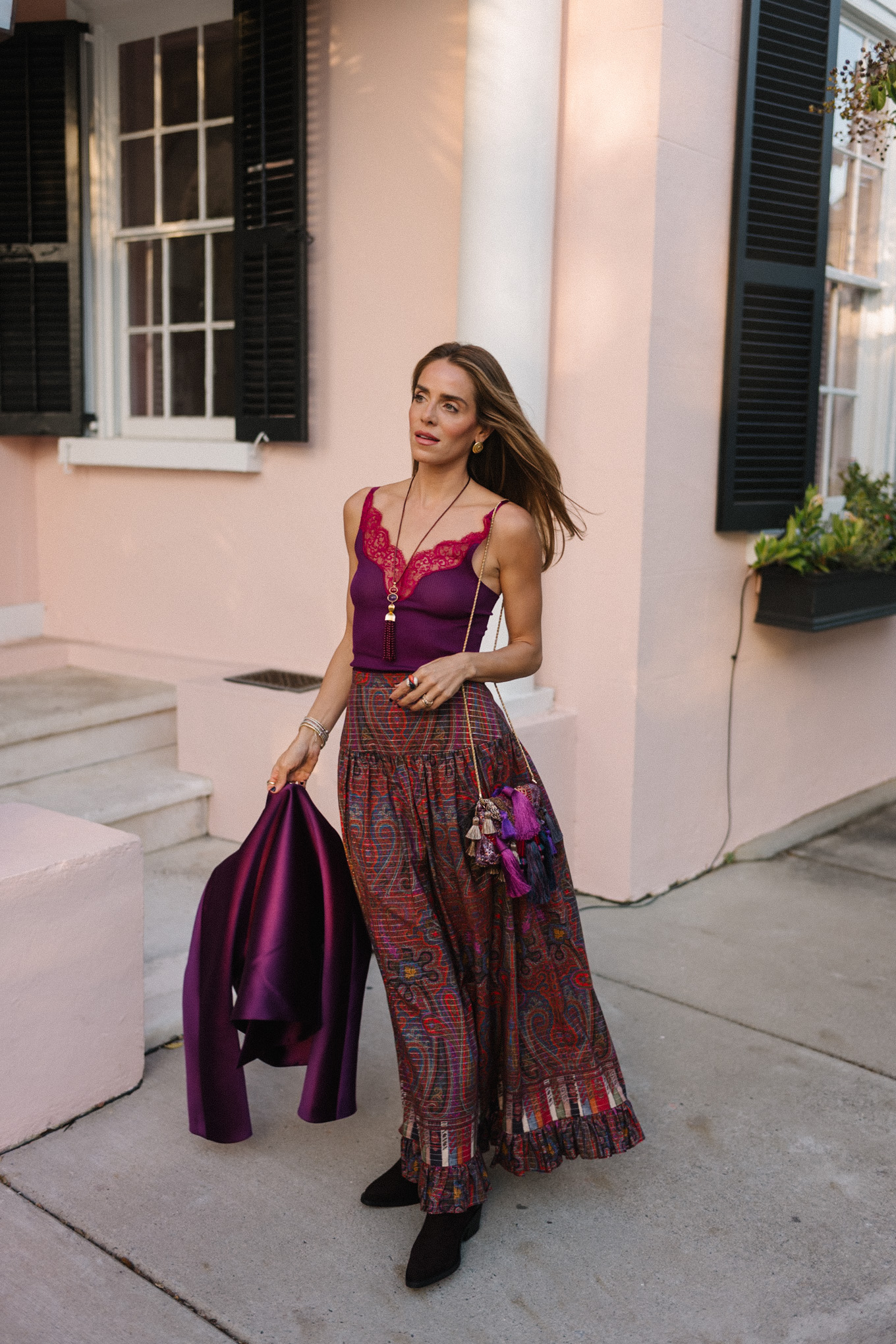 purple satin crop jacket purple tank paisley maxi skirt