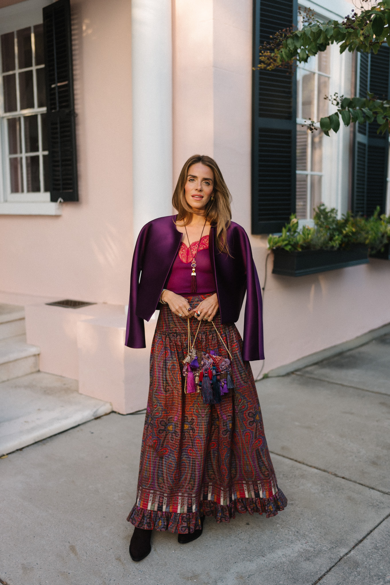 purple satin crop jacket purple tank paisley maxi skirt
