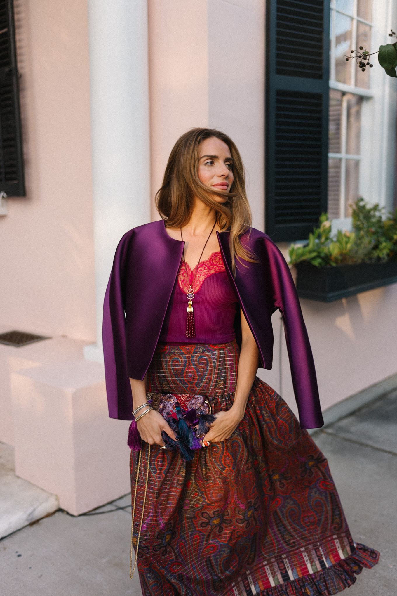 purple satin crop jacket purple tank paisley maxi skirt