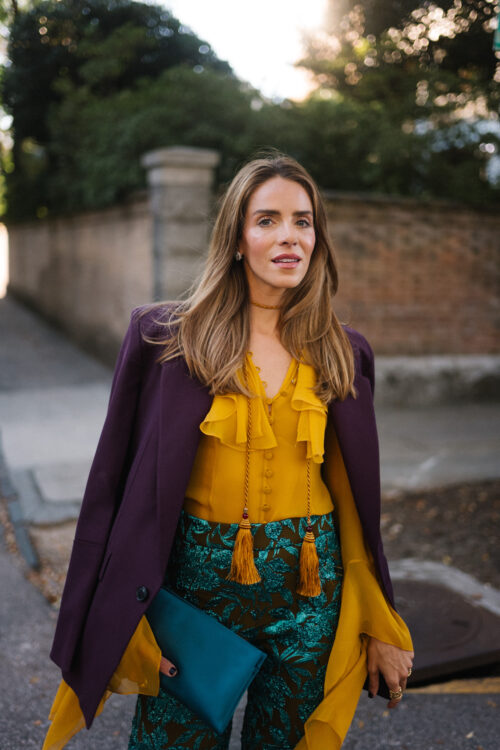 plum blazer gold ruffle blouse jacquard pants turquoise clutch purple pumps