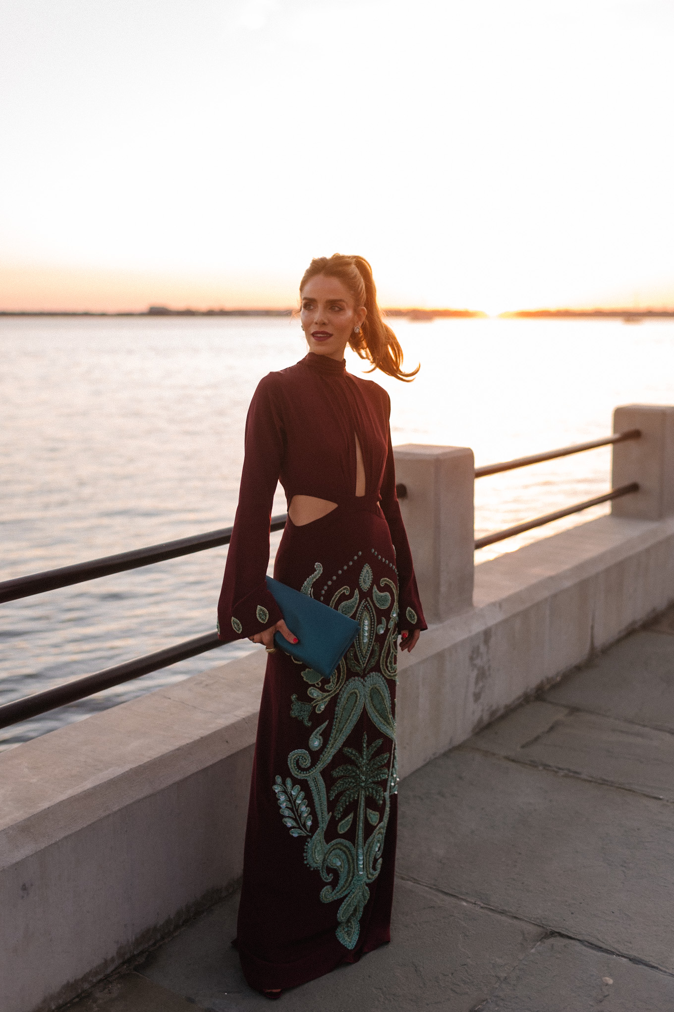 maroon and teal silk beaded gown turquoise clutch pink heels diamond earrings