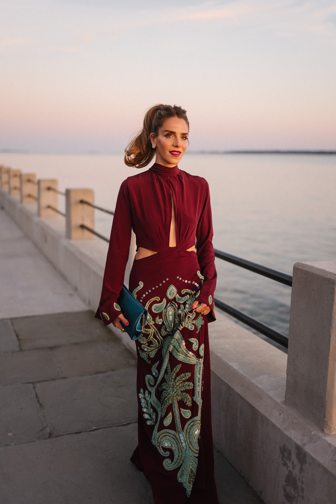 maroon and teal silk beaded gown turquoise clutch pink heels diamond earrings