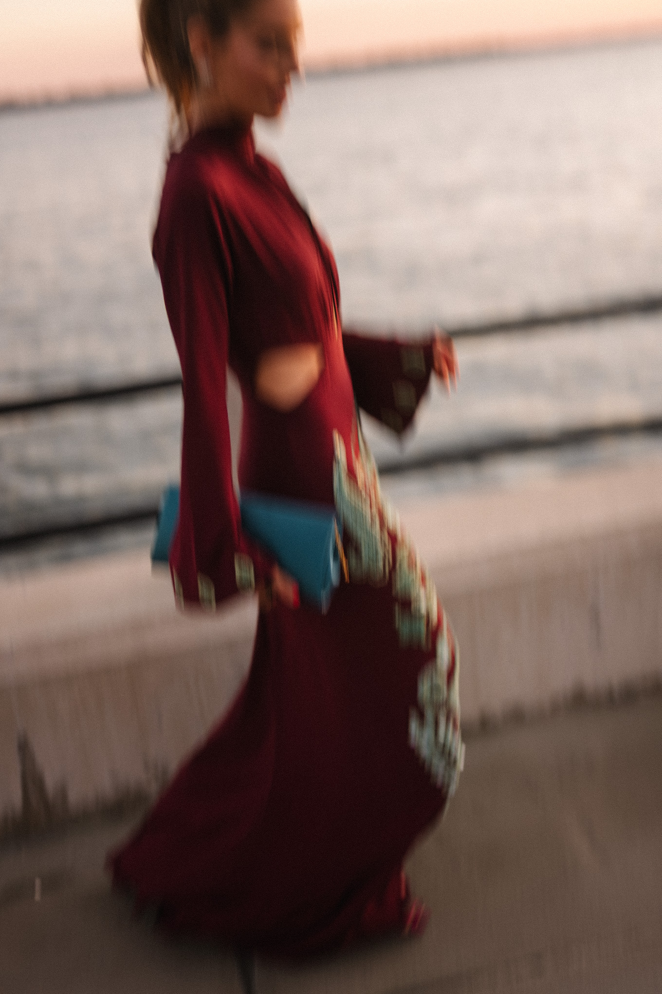 maroon and teal silk beaded gown turquoise clutch pink heels diamond earrings