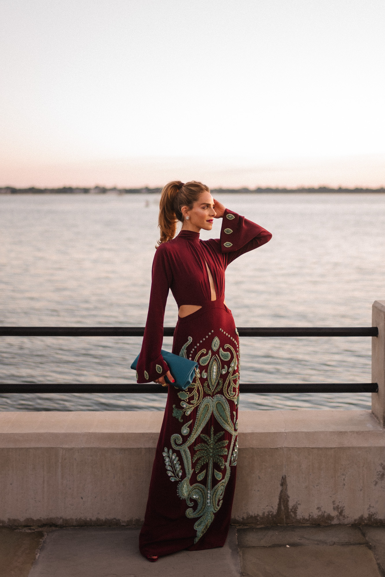 maroon and teal silk beaded gown turquoise clutch pink heels diamond earrings