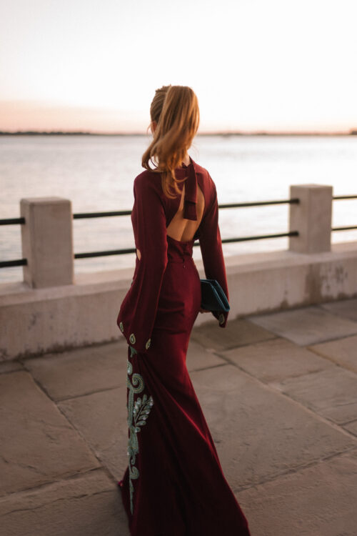 maroon and teal silk beaded gown turquoise clutch pink heels diamond earrings