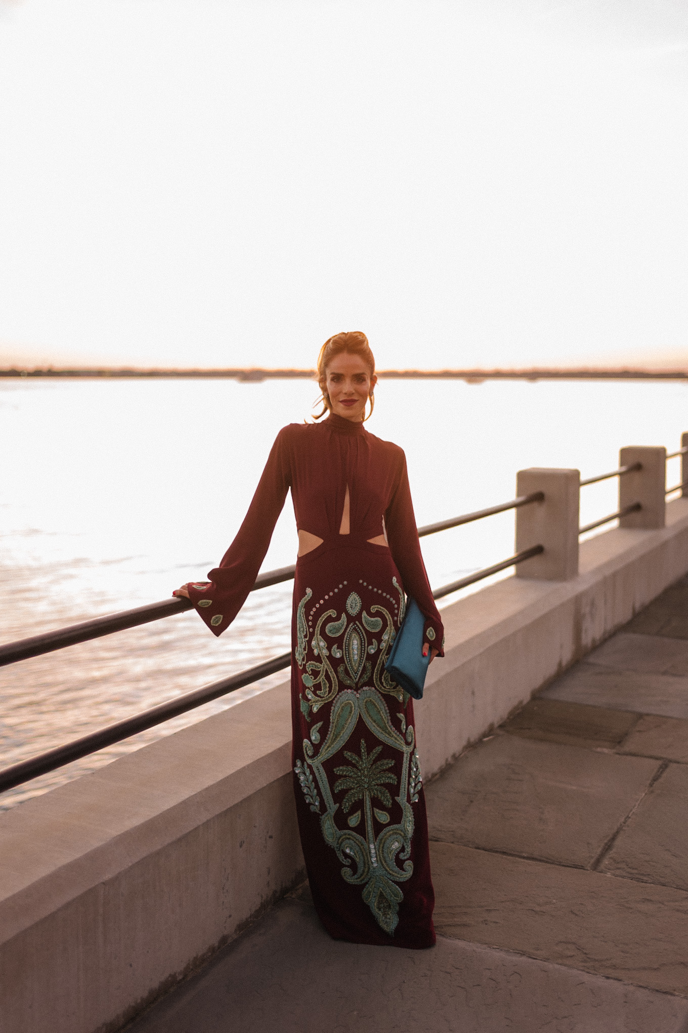 maroon and teal silk beaded gown turquoise clutch pink heels diamond earrings