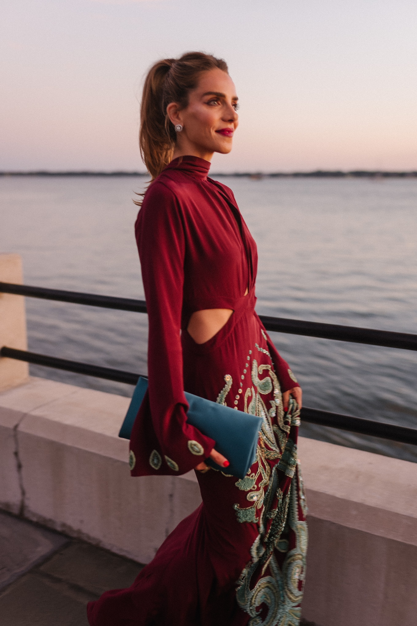 maroon and teal silk beaded gown turquoise clutch pink heels diamond earrings
