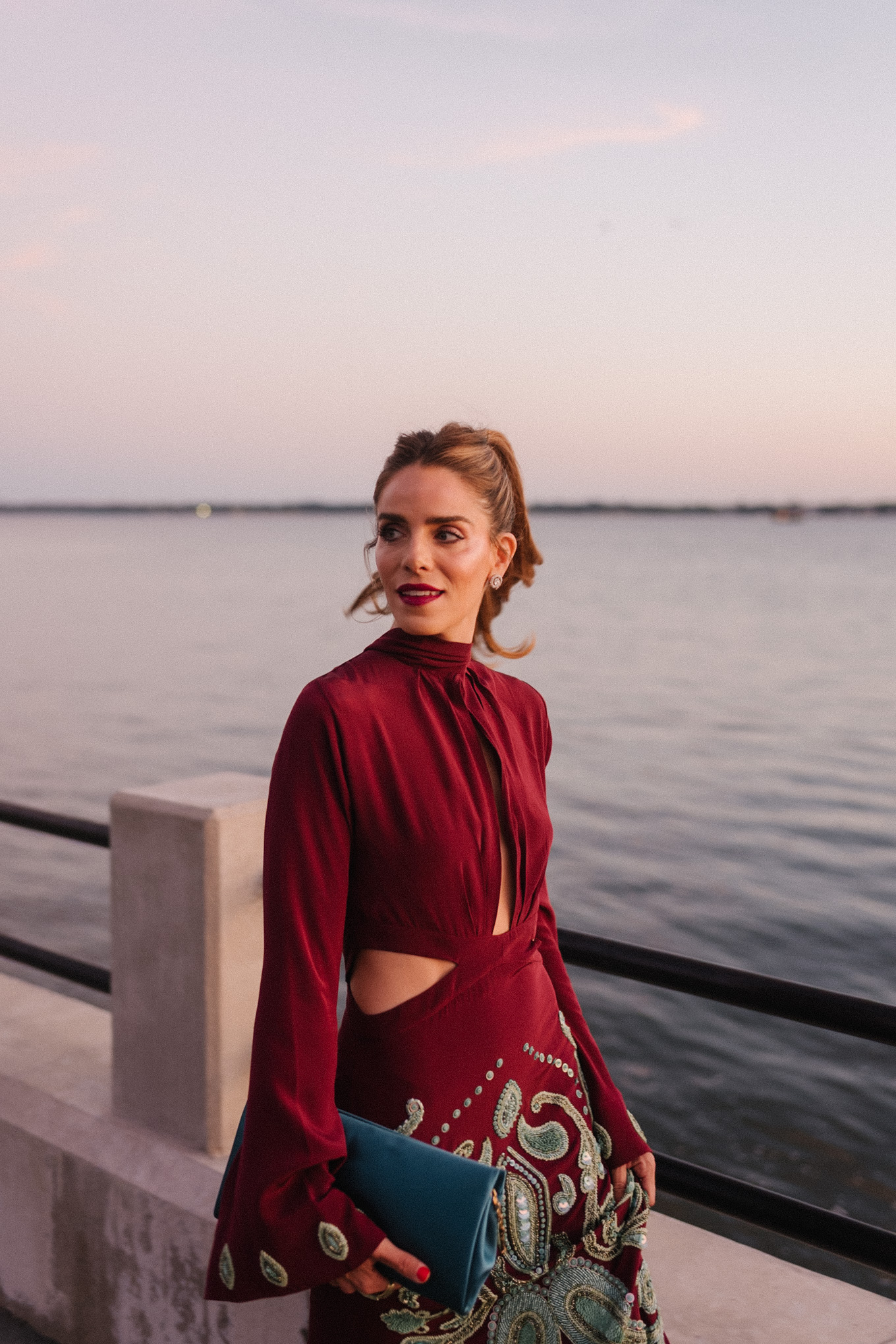 maroon and teal silk beaded gown turquoise clutch pink heels diamond earrings