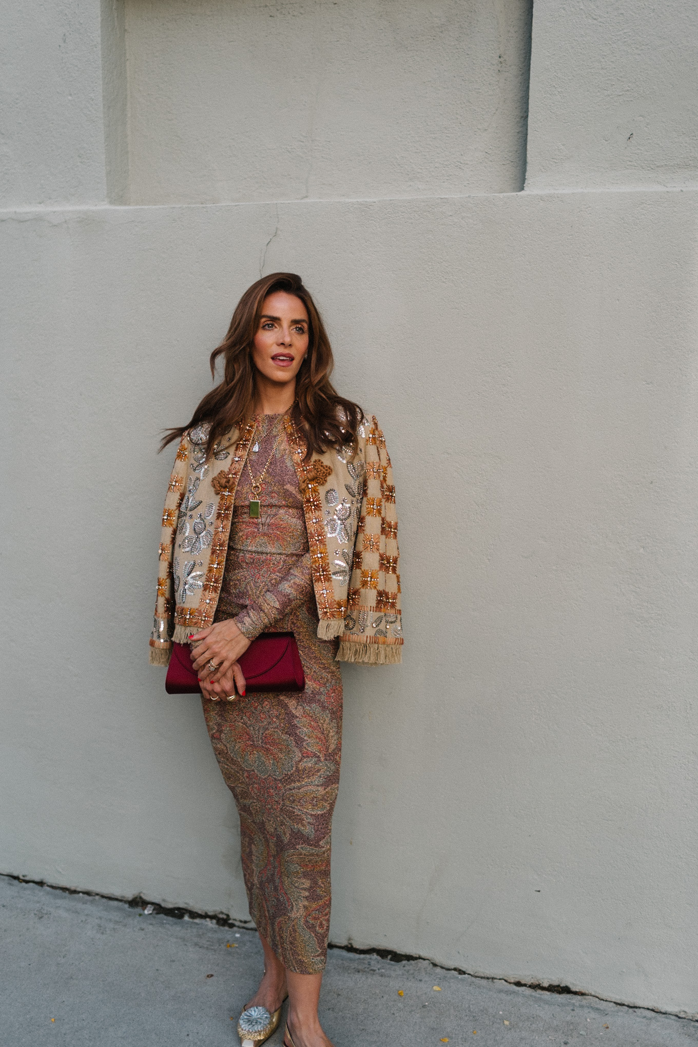 embellished jacket metallic skirt set pom pom flats satin clutch