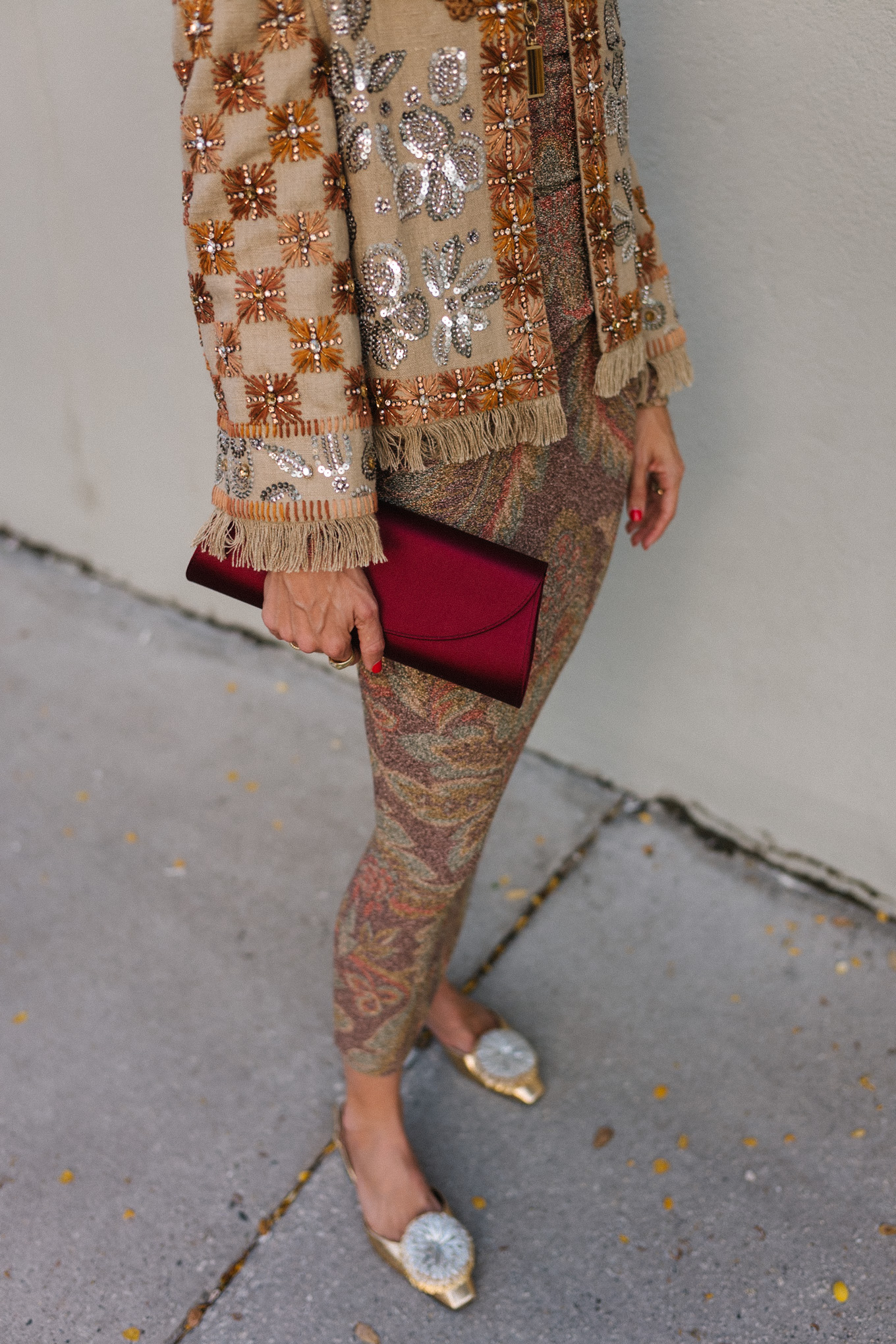 embellished jacket metallic skirt set pom pom flats satin clutch