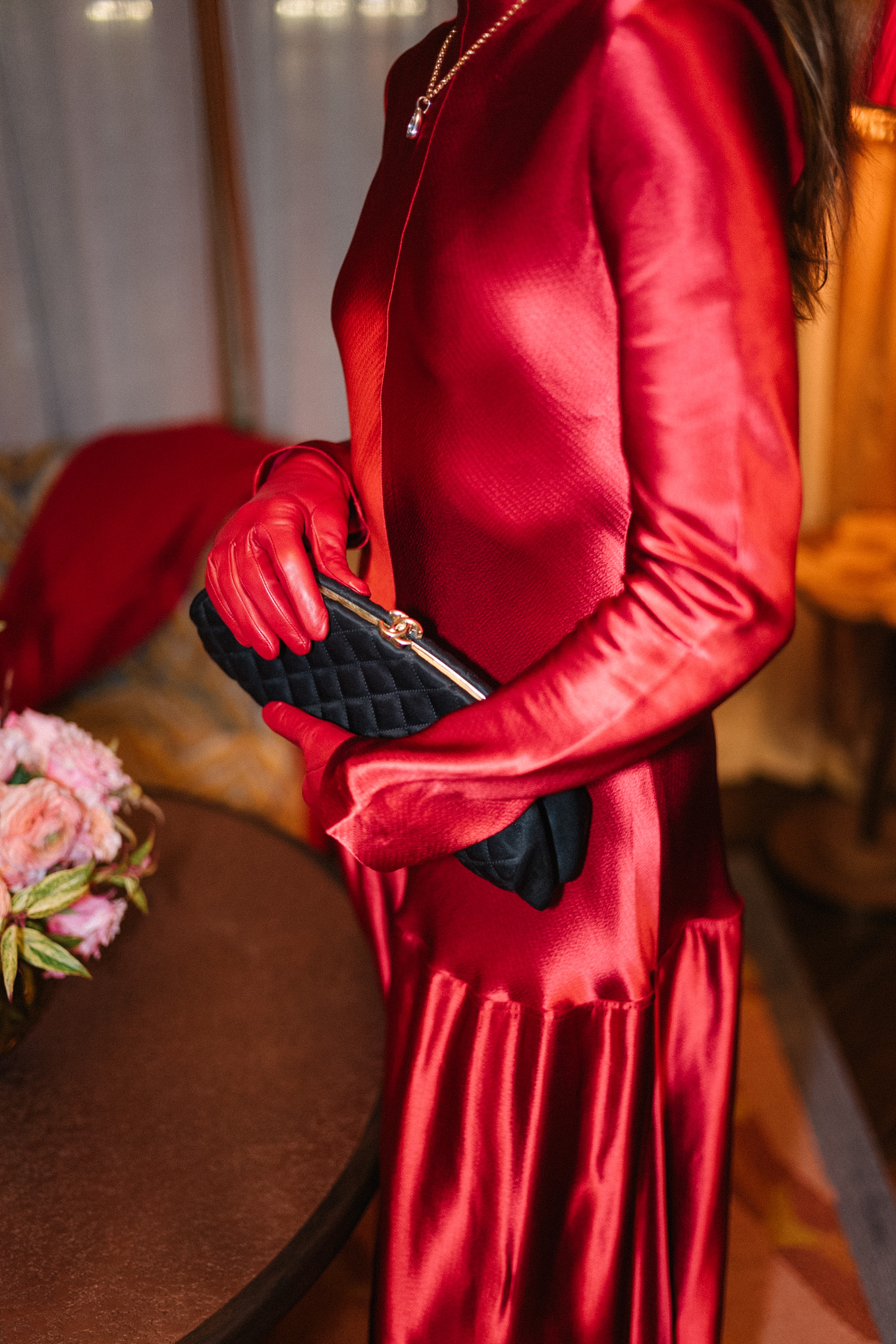 red satin long sleeved maxi dress red leather gloves