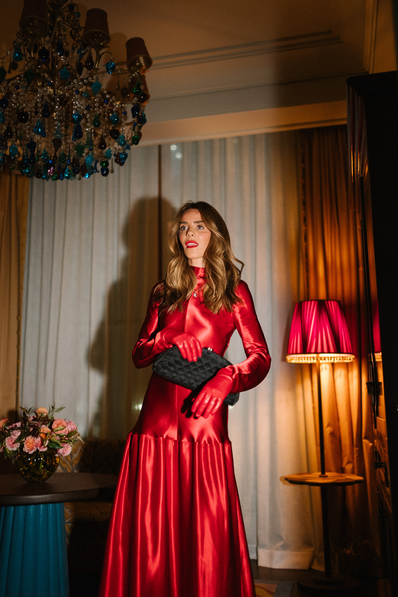 red satin long sleeved maxi dress red leather gloves