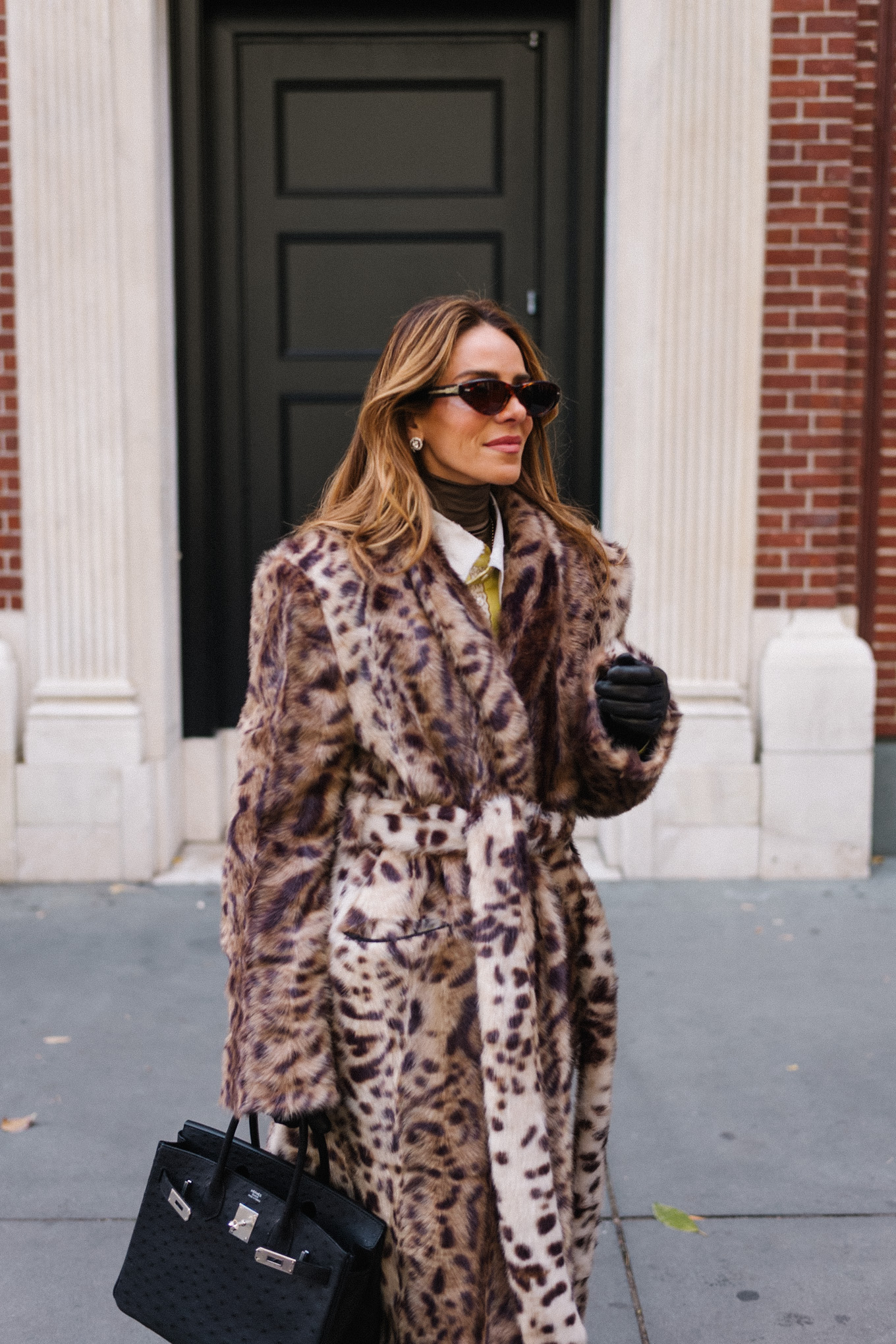 leopard coat silk jacket brown turtleneck tassel belt black handbag black gloves