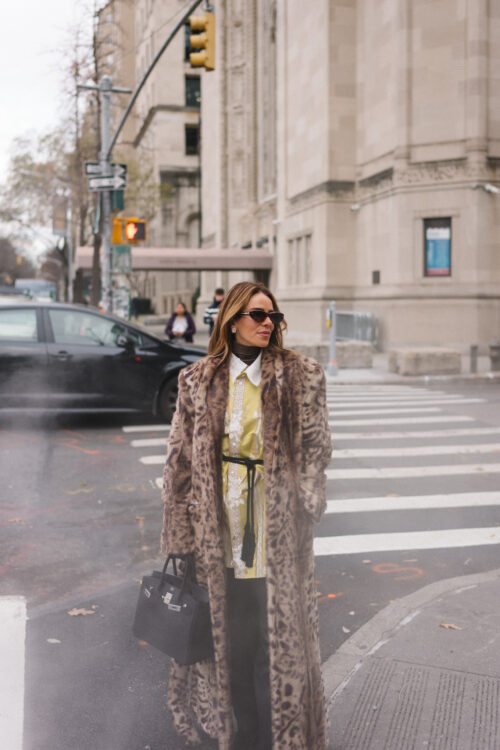 leopard coat silk jacket brown turtleneck tassel belt black handbag black gloves