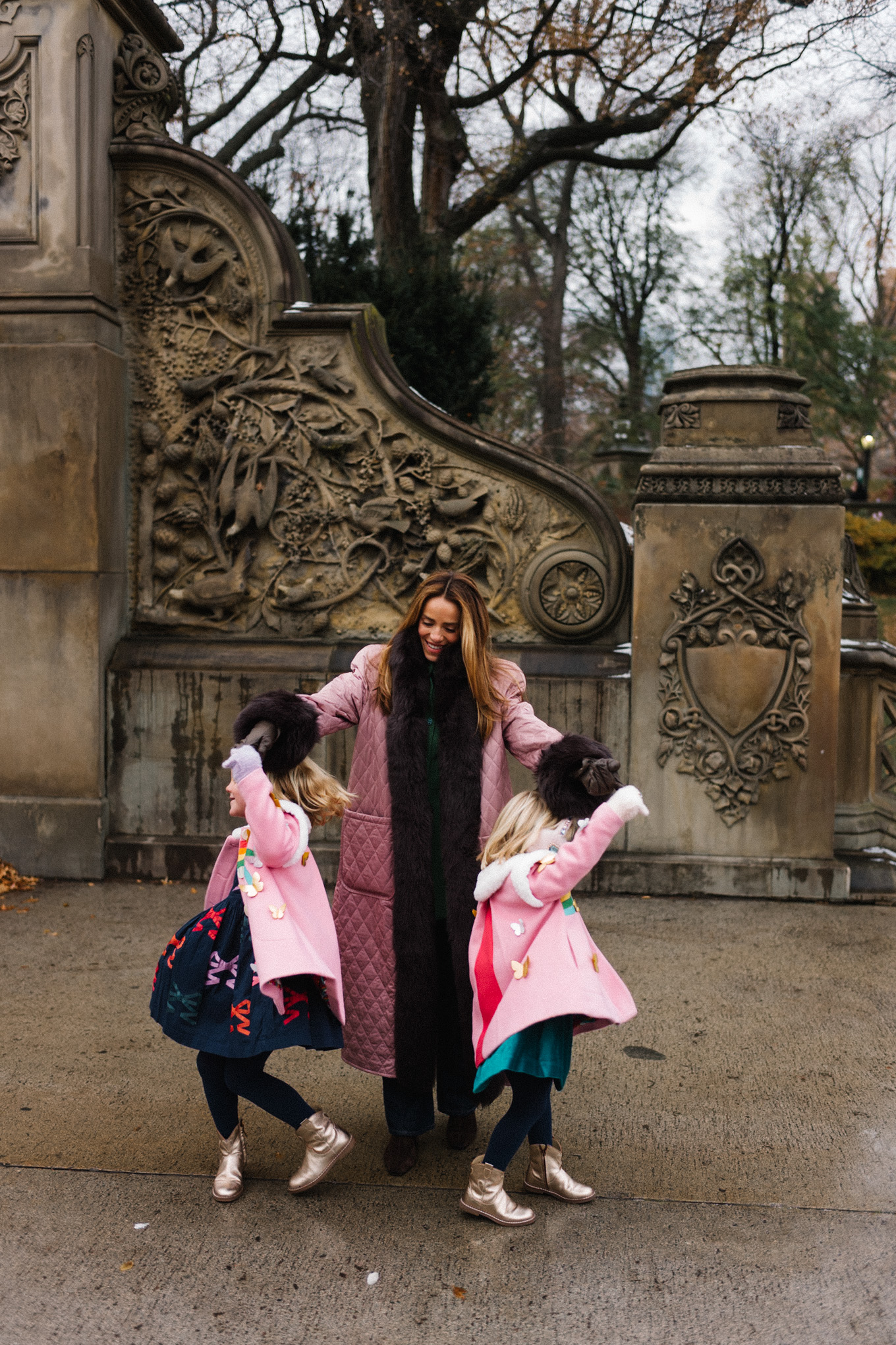 fur trimmed pink quilted winter coat green and blue tweed jacket