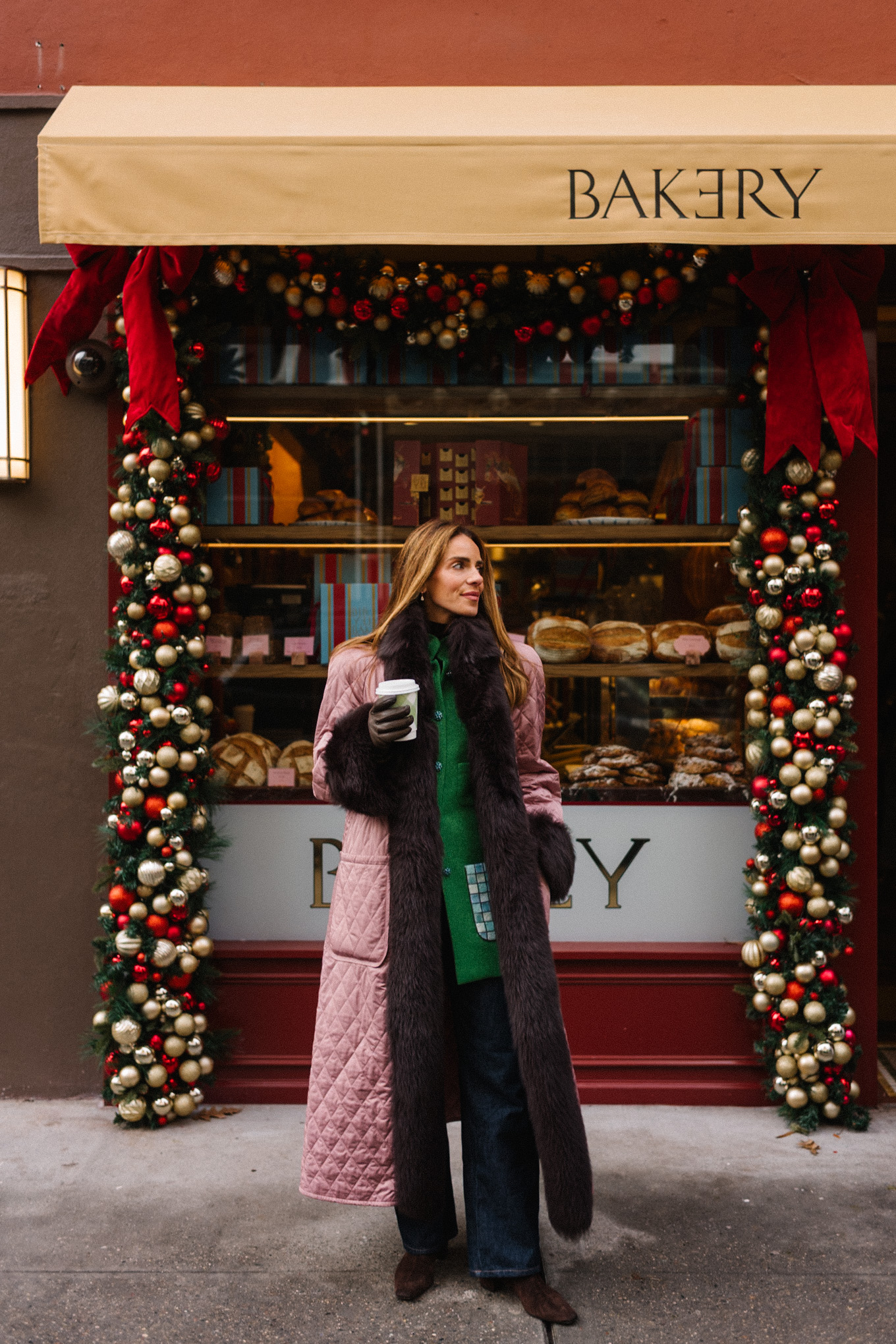 fur trimmed pink quilted winter coat green and blue tweed jacket