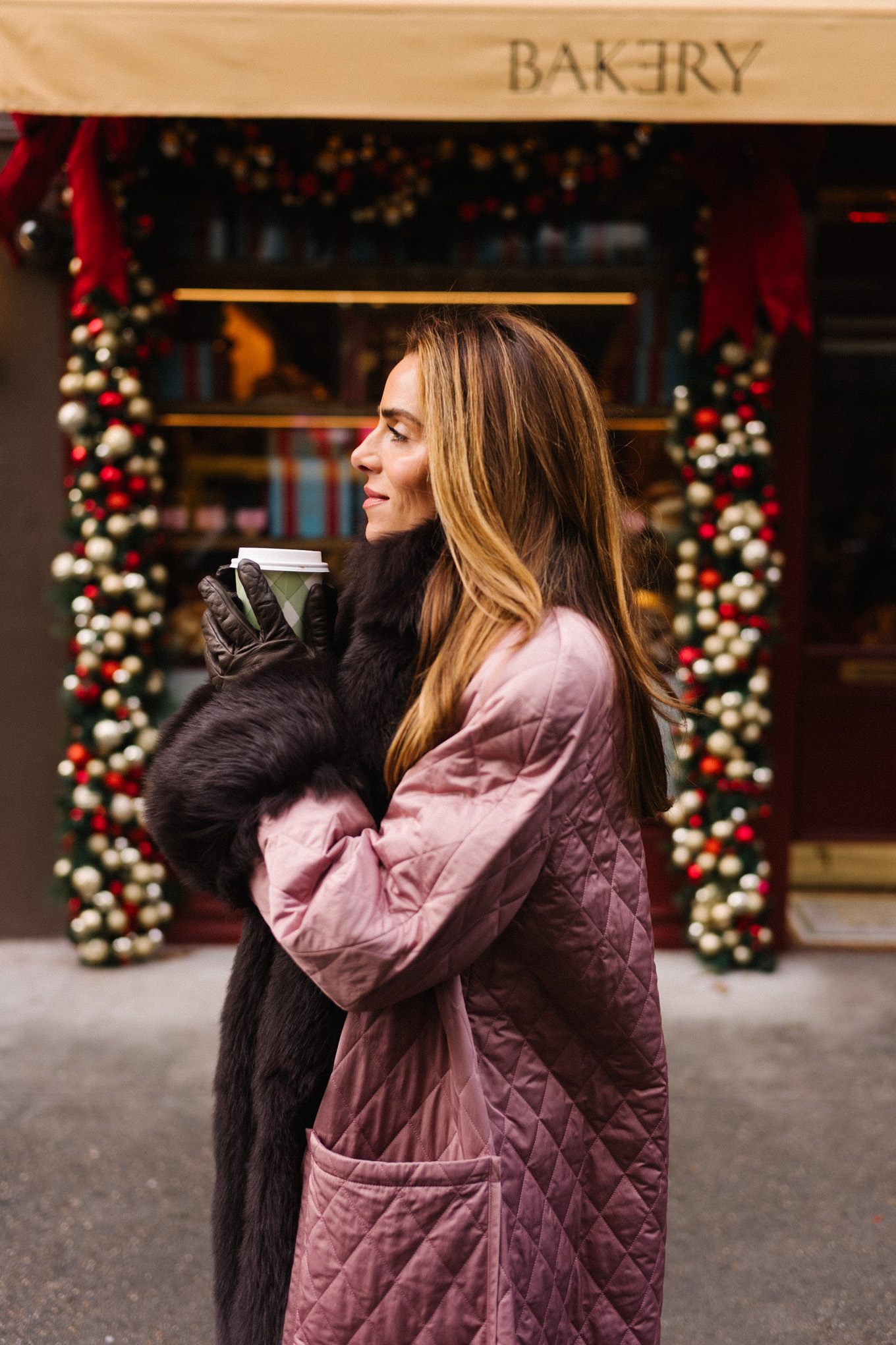 fur trimmed pink quilted winter coat green and blue tweed jacket