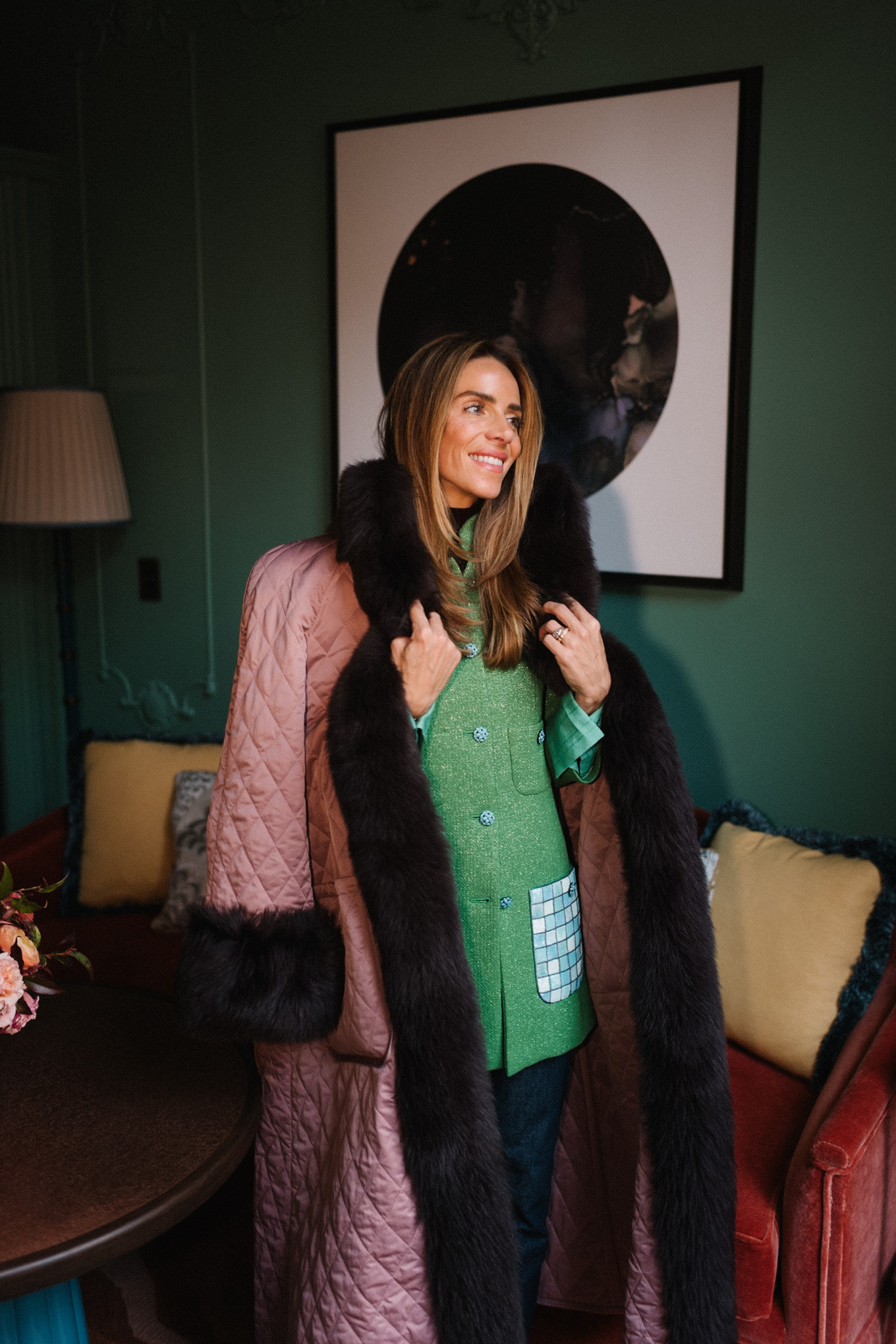 fur trimmed pink quilted winter coat green and blue tweed jacket